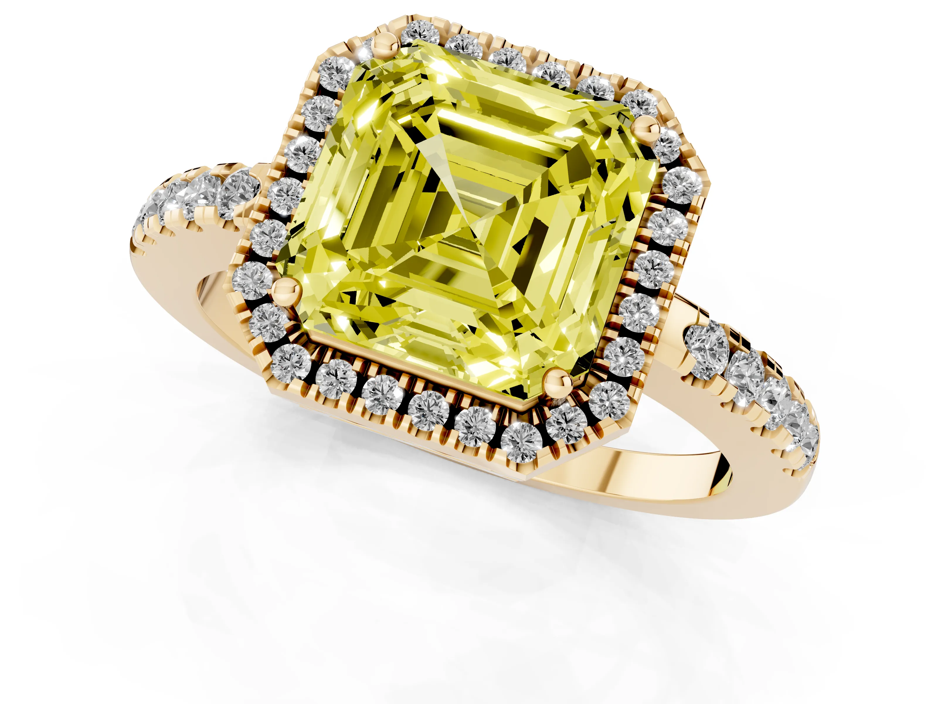 Fancy Yellow Asscher Cut Diamond Pavé Band Halo Engagement Ring Set in Yellow gold with Prong Setting