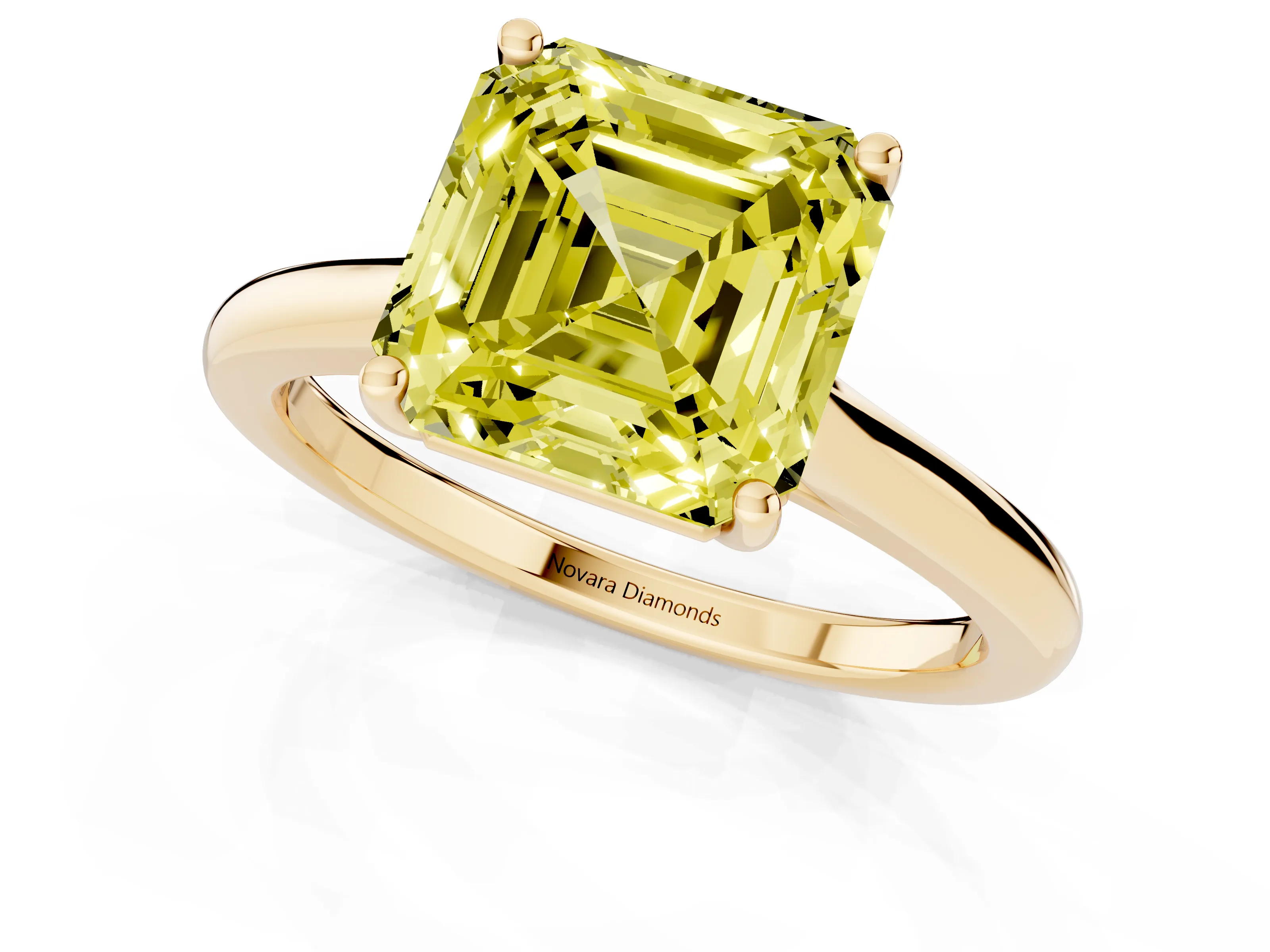 Fancy Yellow Asscher Cut Diamond Solitaire Ring Set in Yellow gold with Cathedral Band and Prong Setting