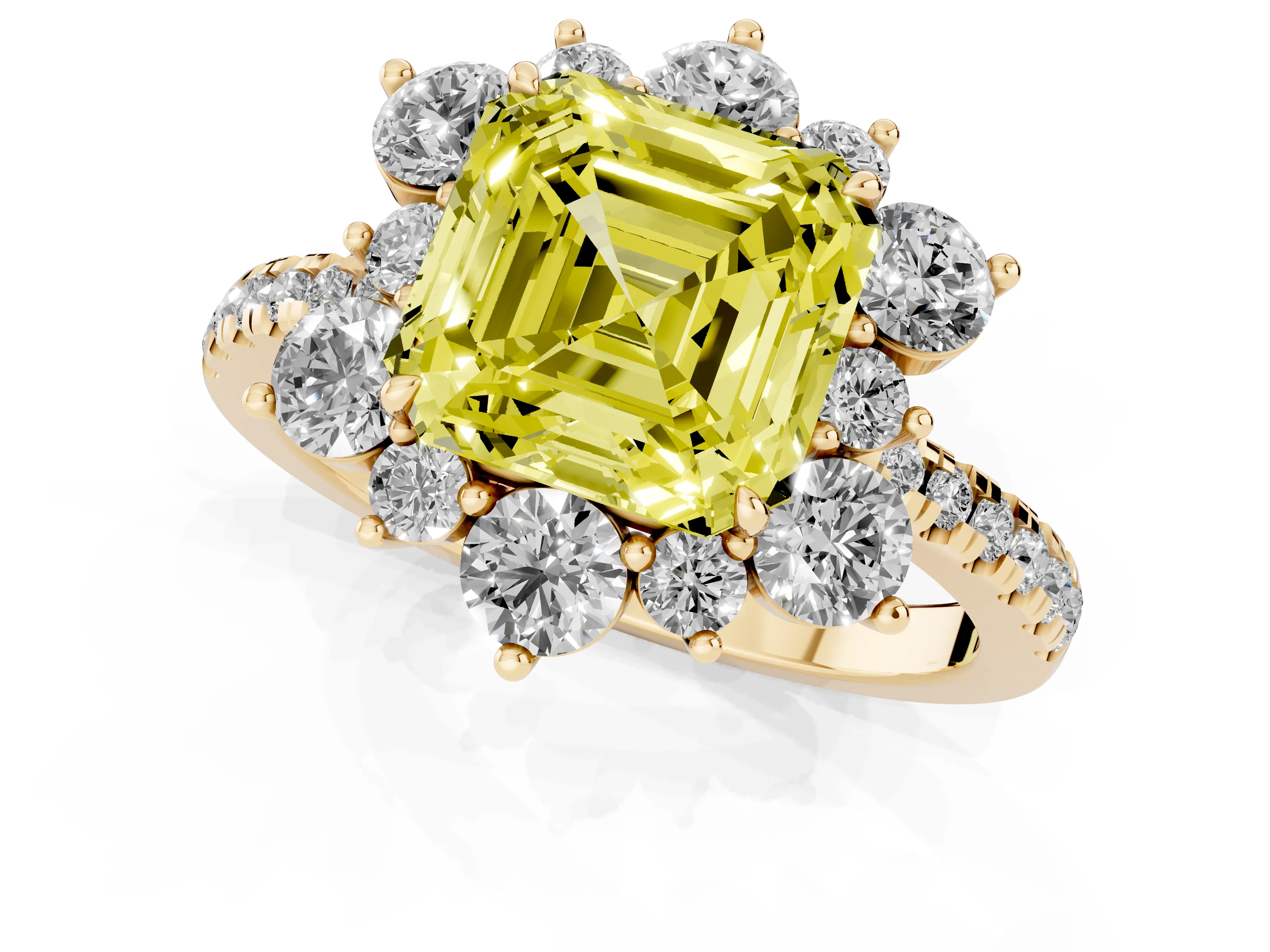 Fancy Yellow Asscher Cut Diamond Floral Halo Ring Set in Yellow gold with Round Pavé Band and Prong Setting