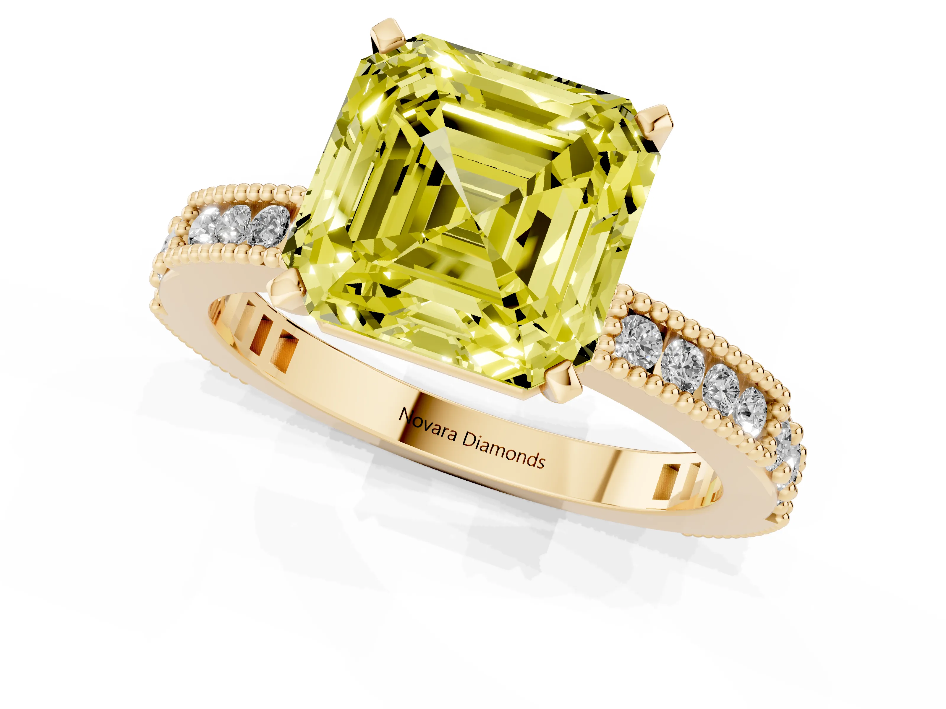Fancy Yellow Asscher Cut Diamond Solitaire Ring Set in Yellow gold with Slim Pavé Band and Prong Setting