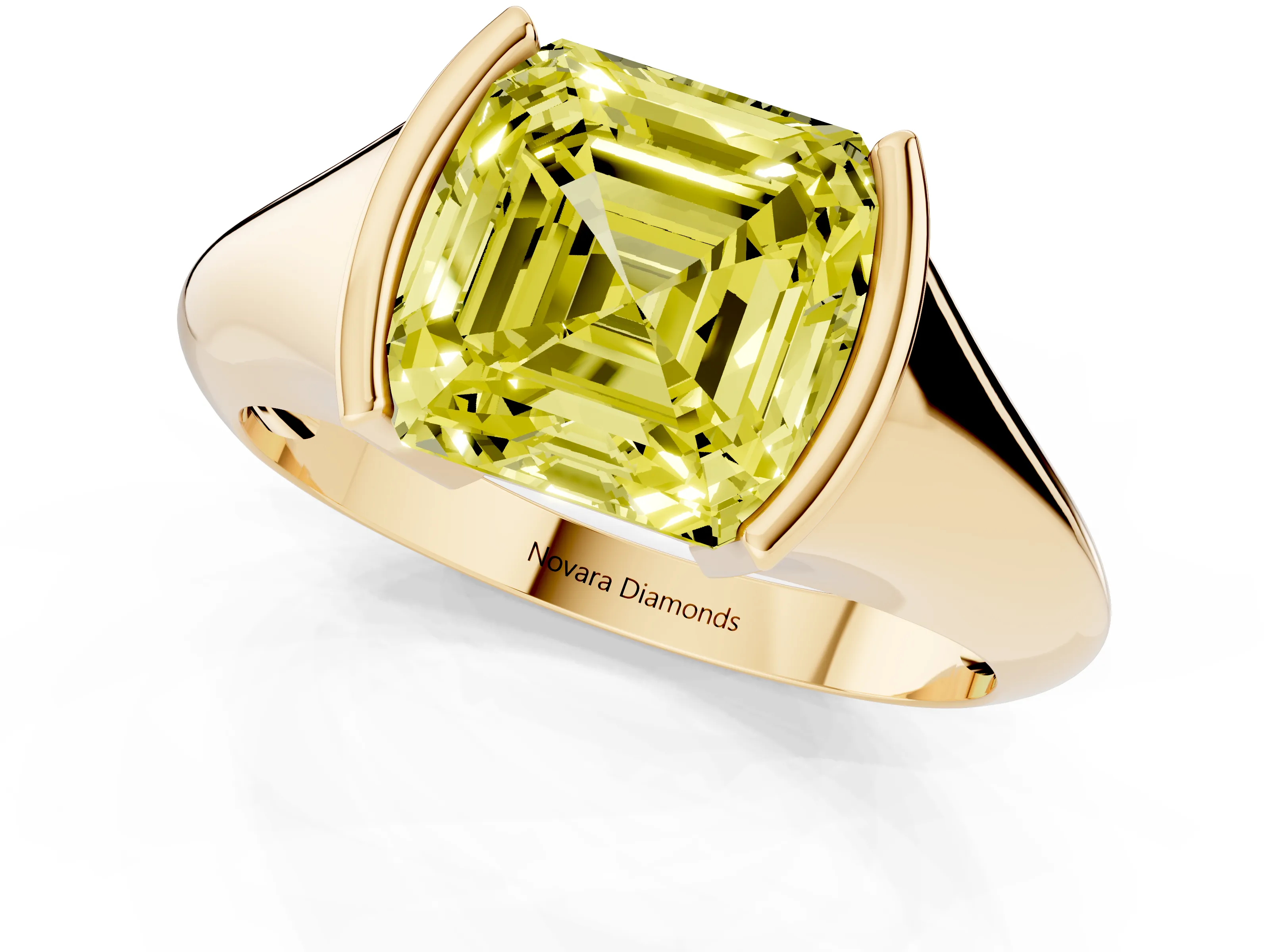 Fancy Yellow Asscher Cut Diamond Solitaire Tension Set Ring Set in Yellow gold