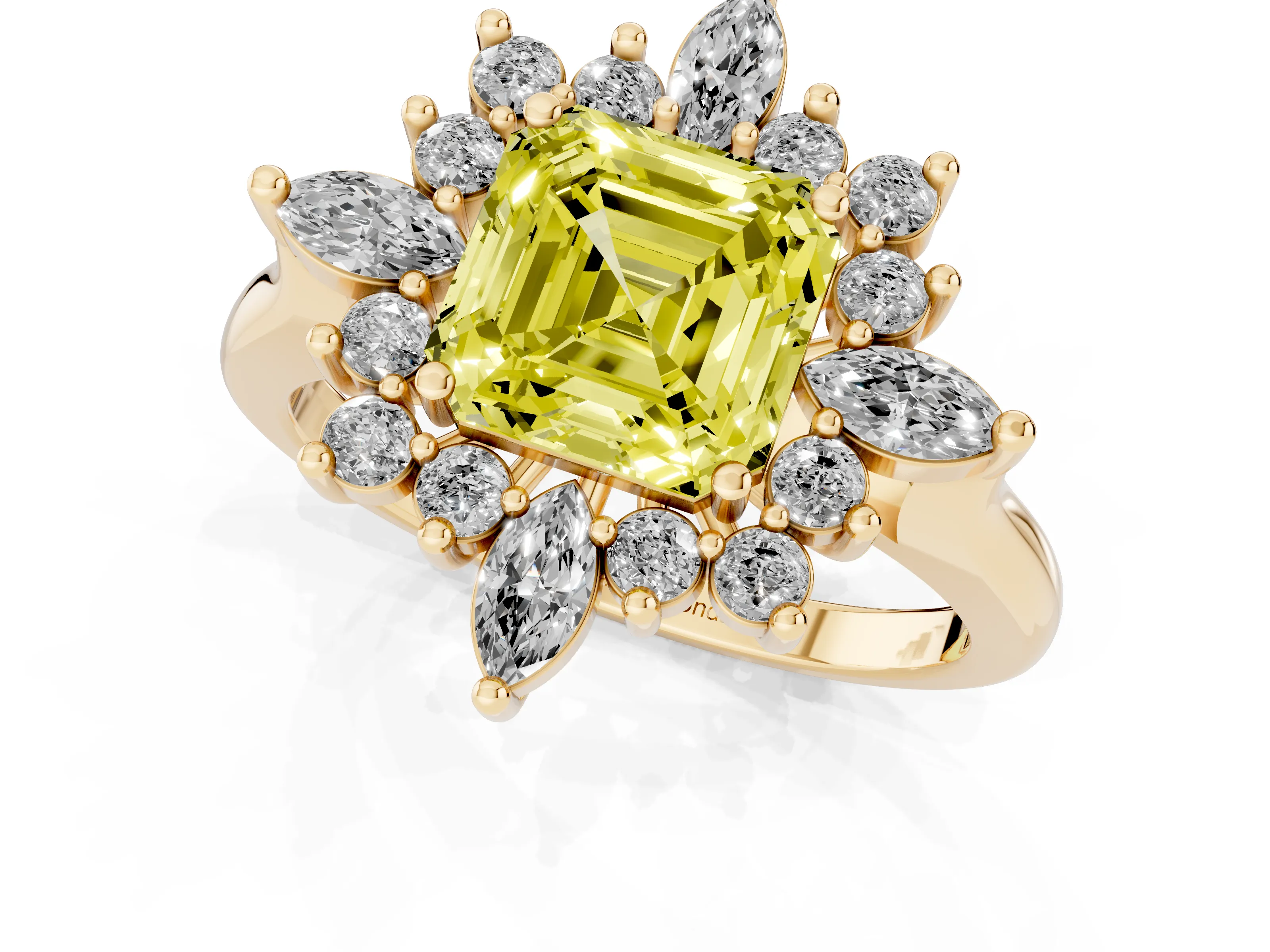 Fancy Yellow Asscher Cut Diamond Cluster Halo Ring Set in Yellow gold with Marquise and Round Accents