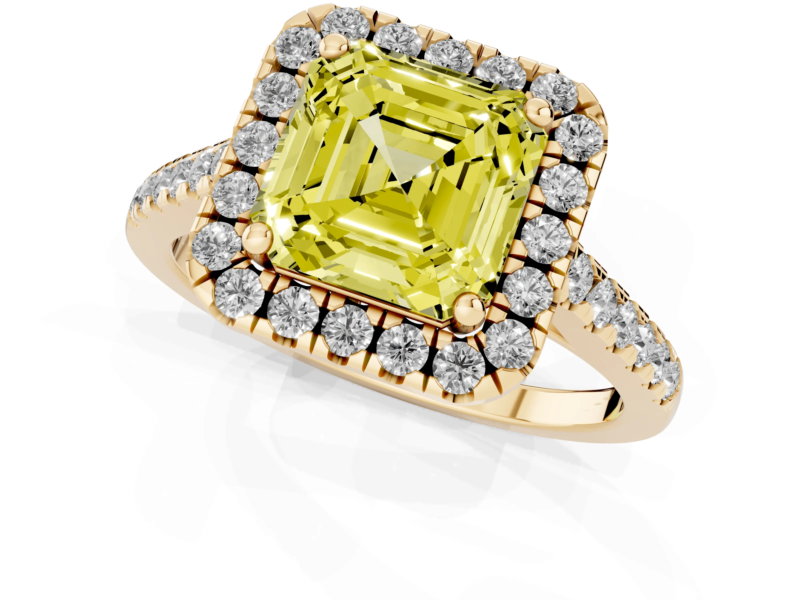 Fancy Yellow Asscher Cut Diamond Pavé Halo Engagement Ring Set in Yellow gold with Pavé Band and Prong Setting