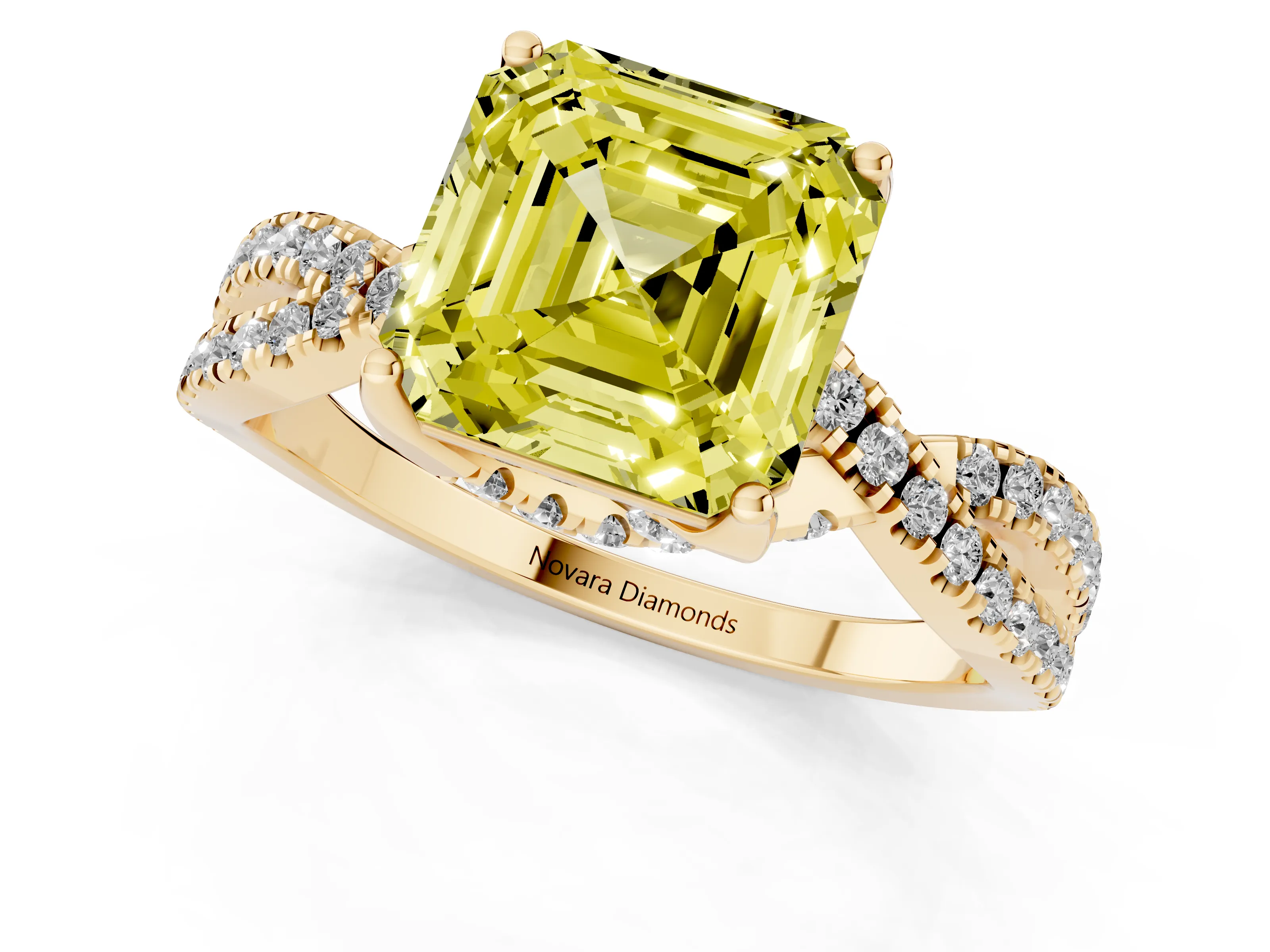 Fancy Yellow Asscher Cut Diamond Twist Pavé Solitaire Engagement Ring Set in Yellow gold with Prong Setting