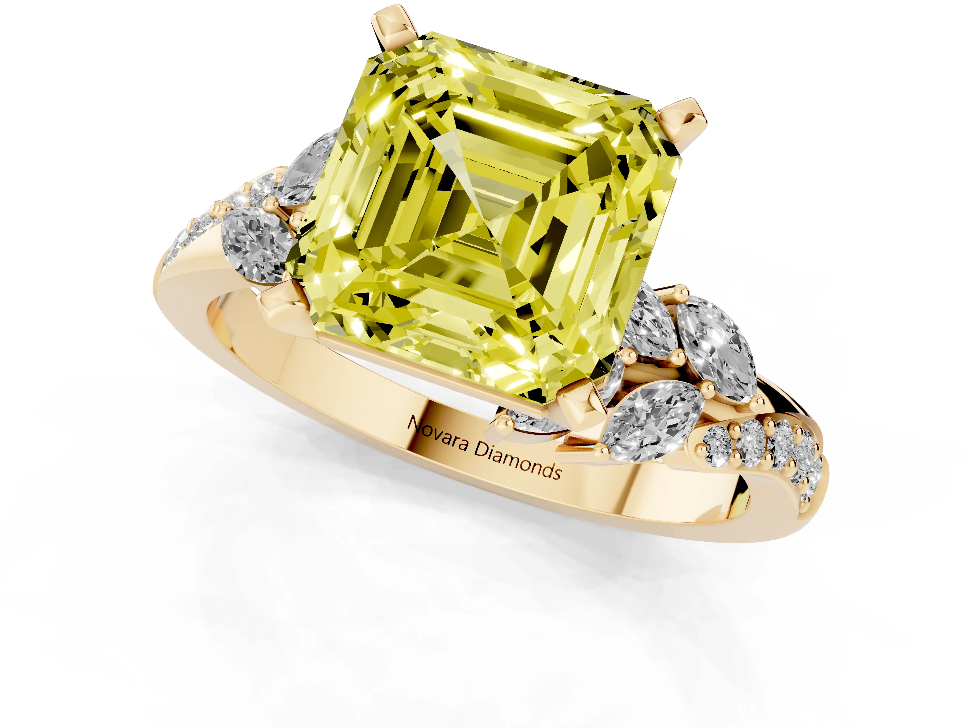 Fancy Yellow Asscher Cut Diamond Solitaire Ring Set in Yellow gold with Marquise Twist Band and Prong Setting