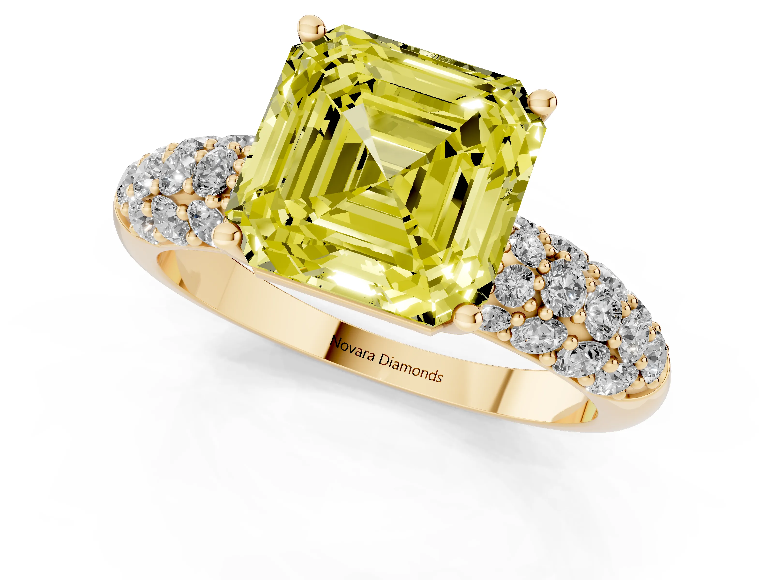 Fancy Yellow Asscher Cut Diamond Pavé Band Solitaire Ring Set in Yellow gold with Close-Set Accent Stones and Prong Setting