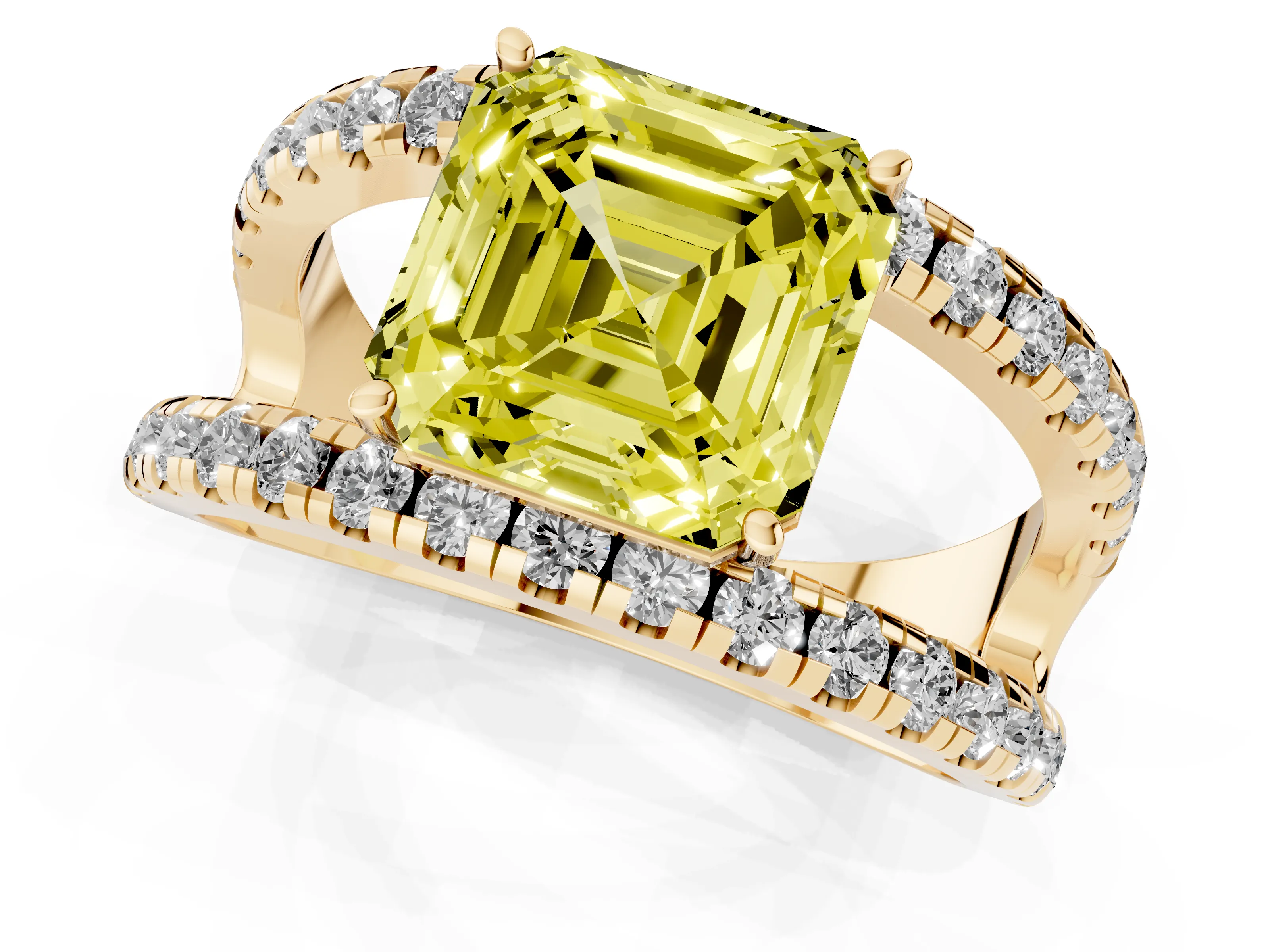 Fancy Yellow Asscher Cut Diamond Split Shank Pavé Solitaire Ring Set in Yellow gold with Open Shank Design