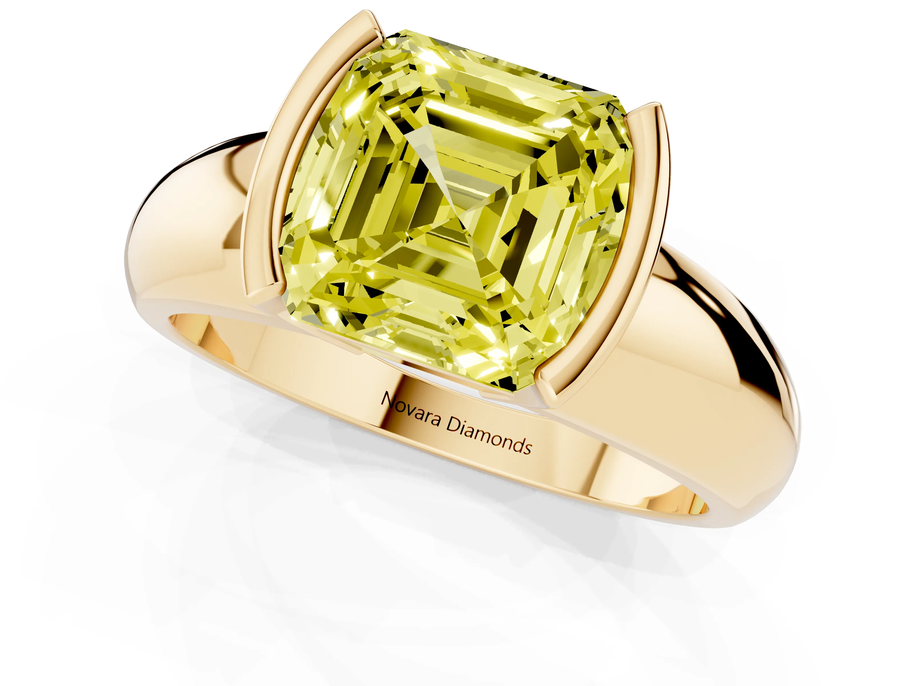 Fancy Yellow Asscher Cut Diamond Solitaire Tension Set Ring Set in Yellow gold with Wide Band
