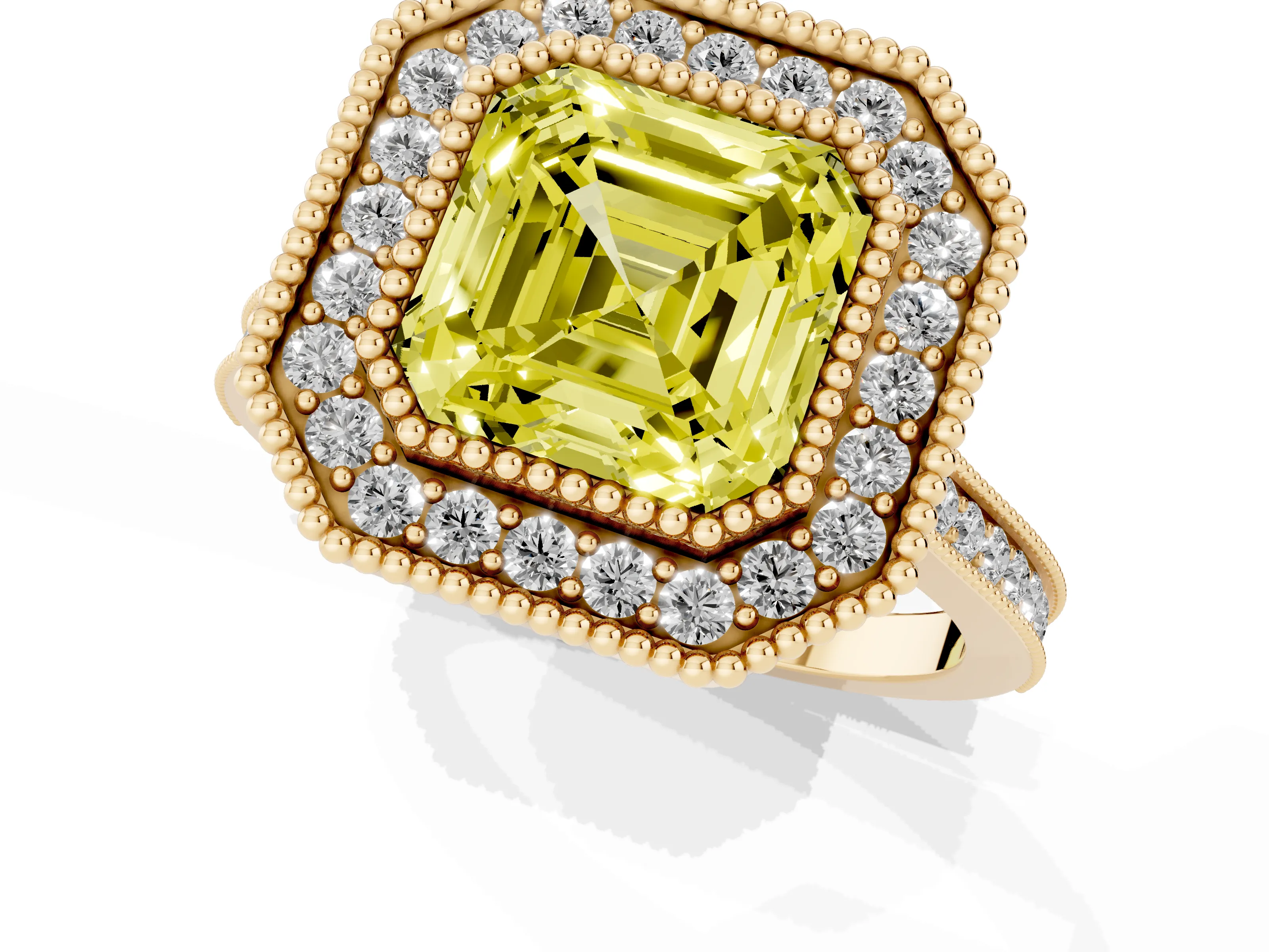 Fancy Yellow Asscher Cut Diamond Halo Ring Set in Yellow gold with Milgrain Frame and Pavé Band