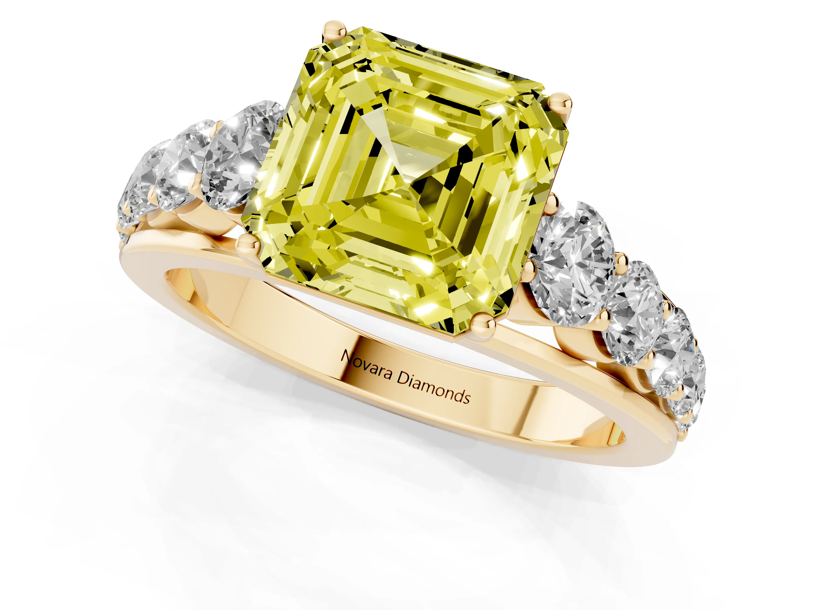 Fancy Yellow Asscher Cut Diamond Solitaire Ring Set in Yellow gold with Pavé-Set Band and Prong Setting