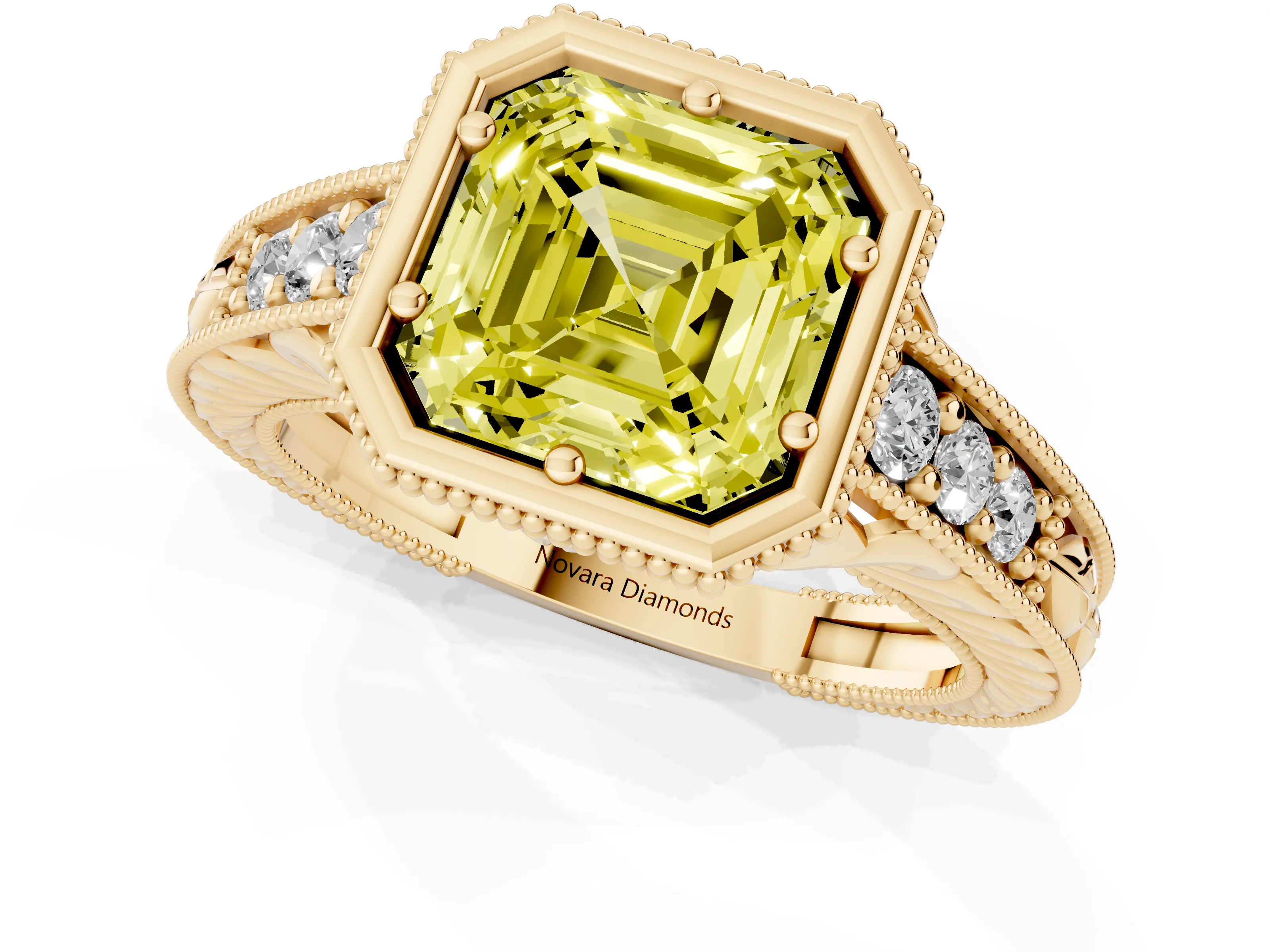 Fancy Yellow Bezel Set Asscher Cut Diamond Milgrain Pavé Engagement Ring Set in Yellow gold