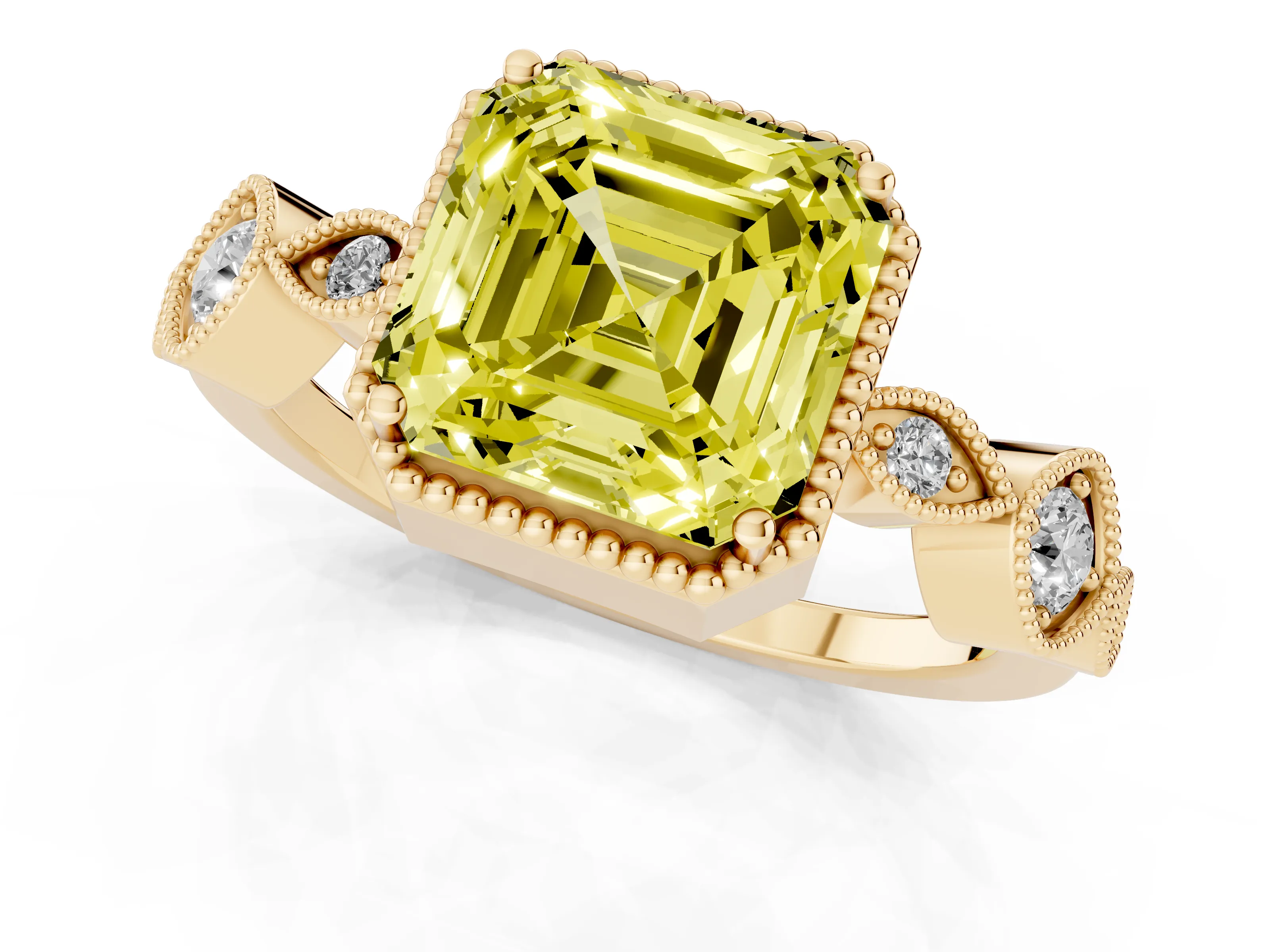 Fancy Yellow Asscher Cut Diamond Vintage-Inspired Milgrain Ring Set in Yellow gold with Marquise Stations of Round Accents