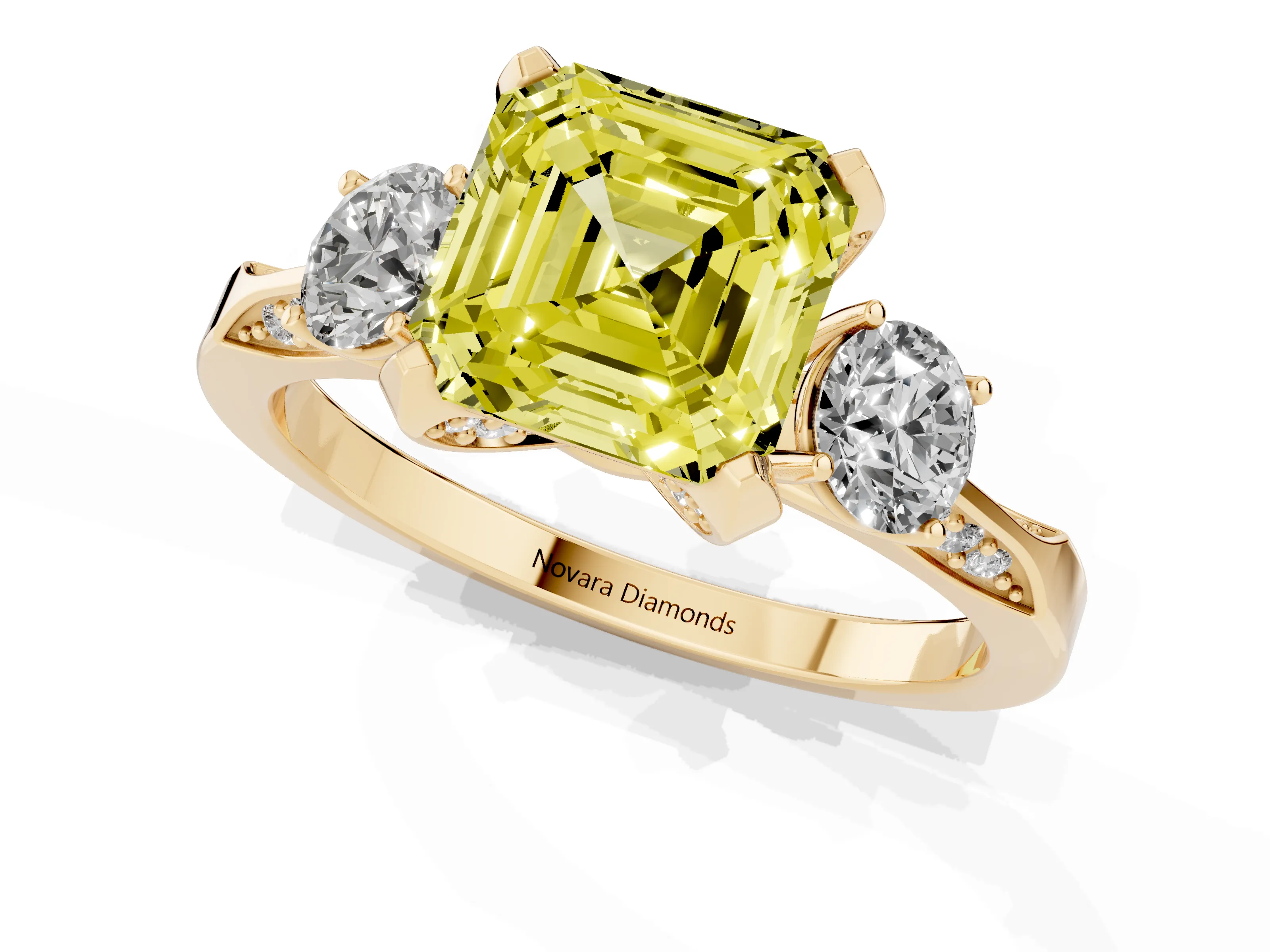 Fancy Yellow Asscher Cut Diamond Three-Stone Ring Set in Yellow gold with Pavé Band and Smaller Side Stones