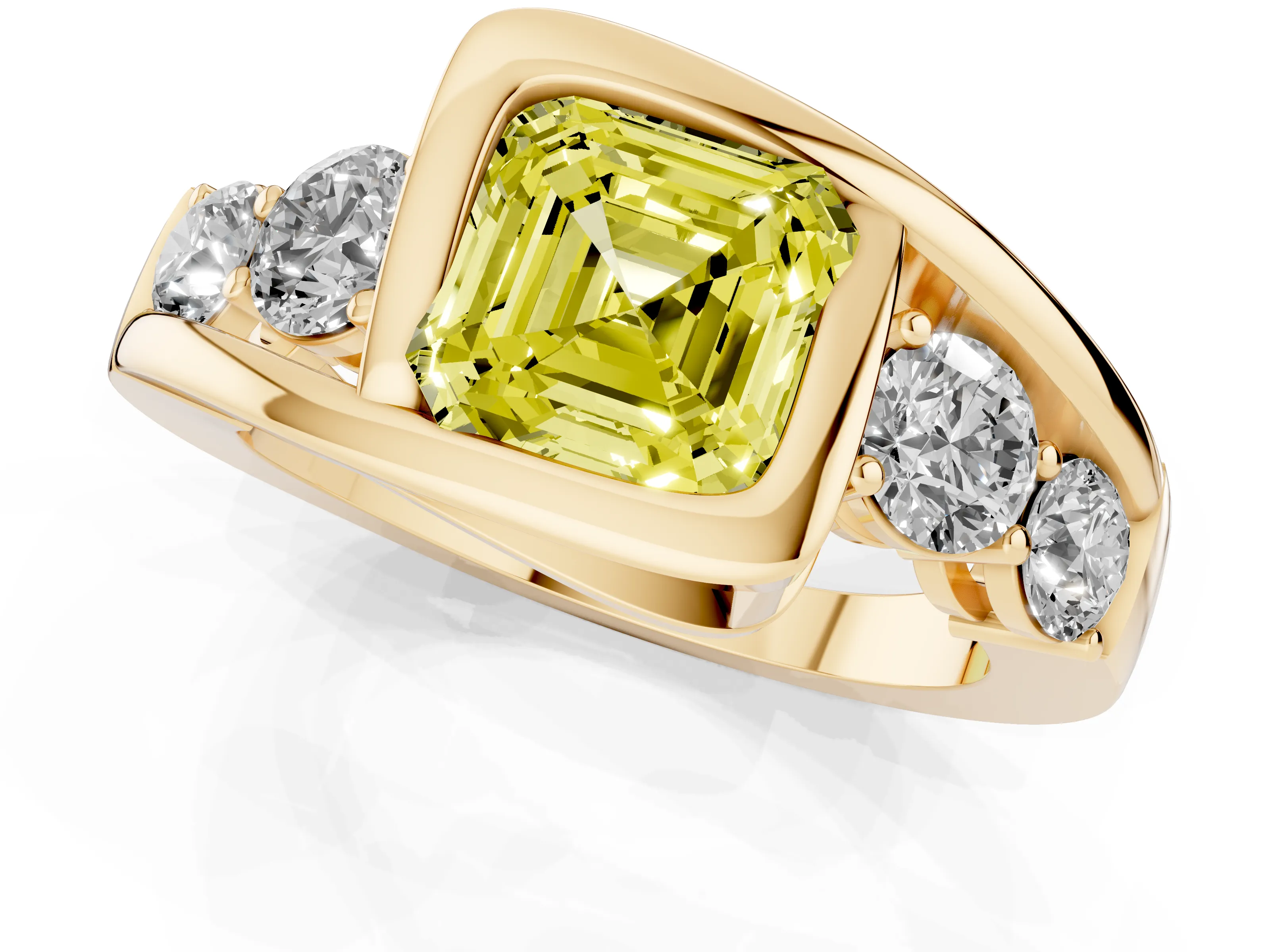 Fancy Yellow Asscher Cut Diamond Bezel Bypass Ring Set in Yellow gold with Round Accents
