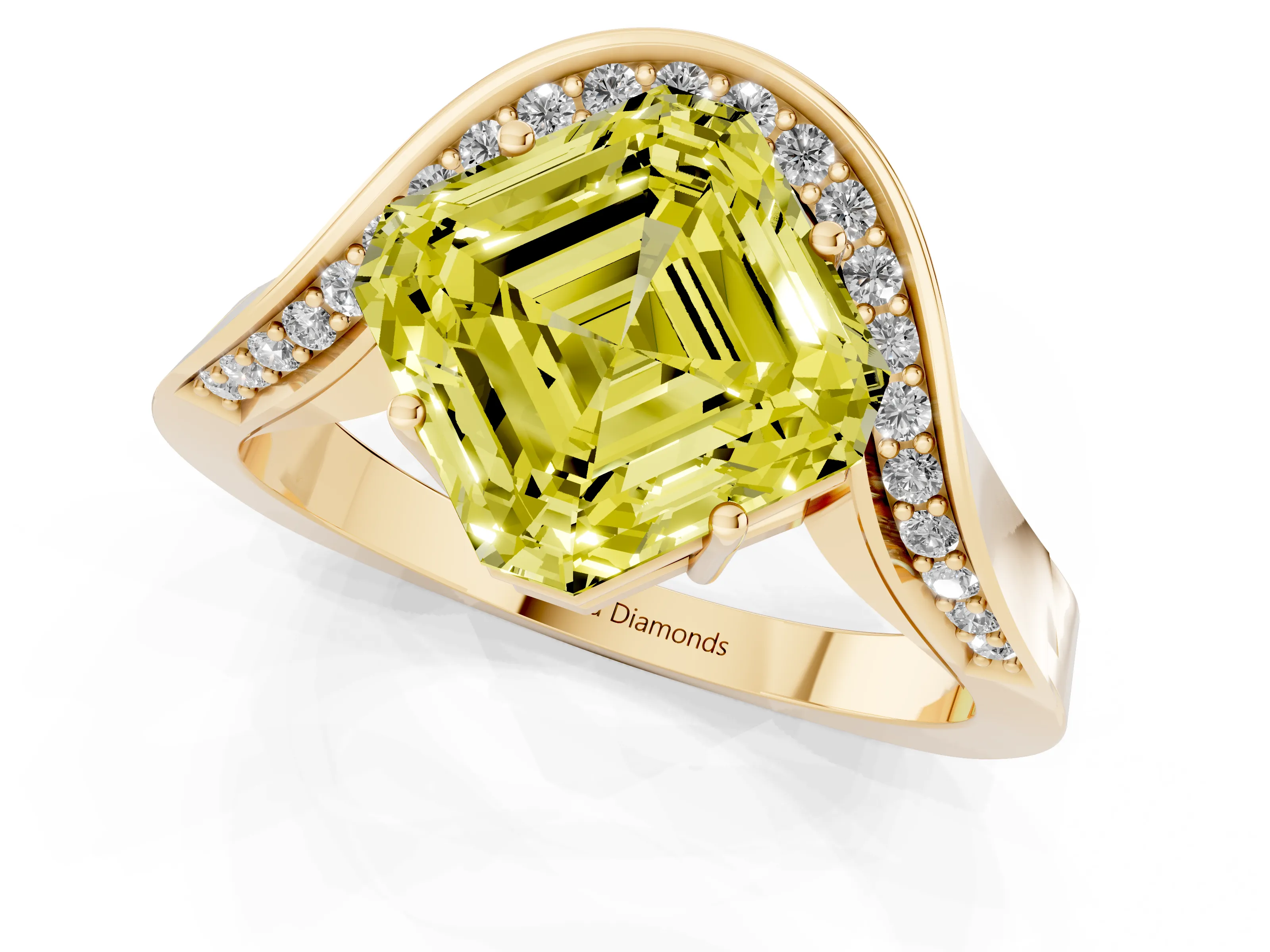 Fancy Yellow Asscher Cut Diamond Solitaire Engagement Ring Set in Yellow gold with Pavé Shoulders