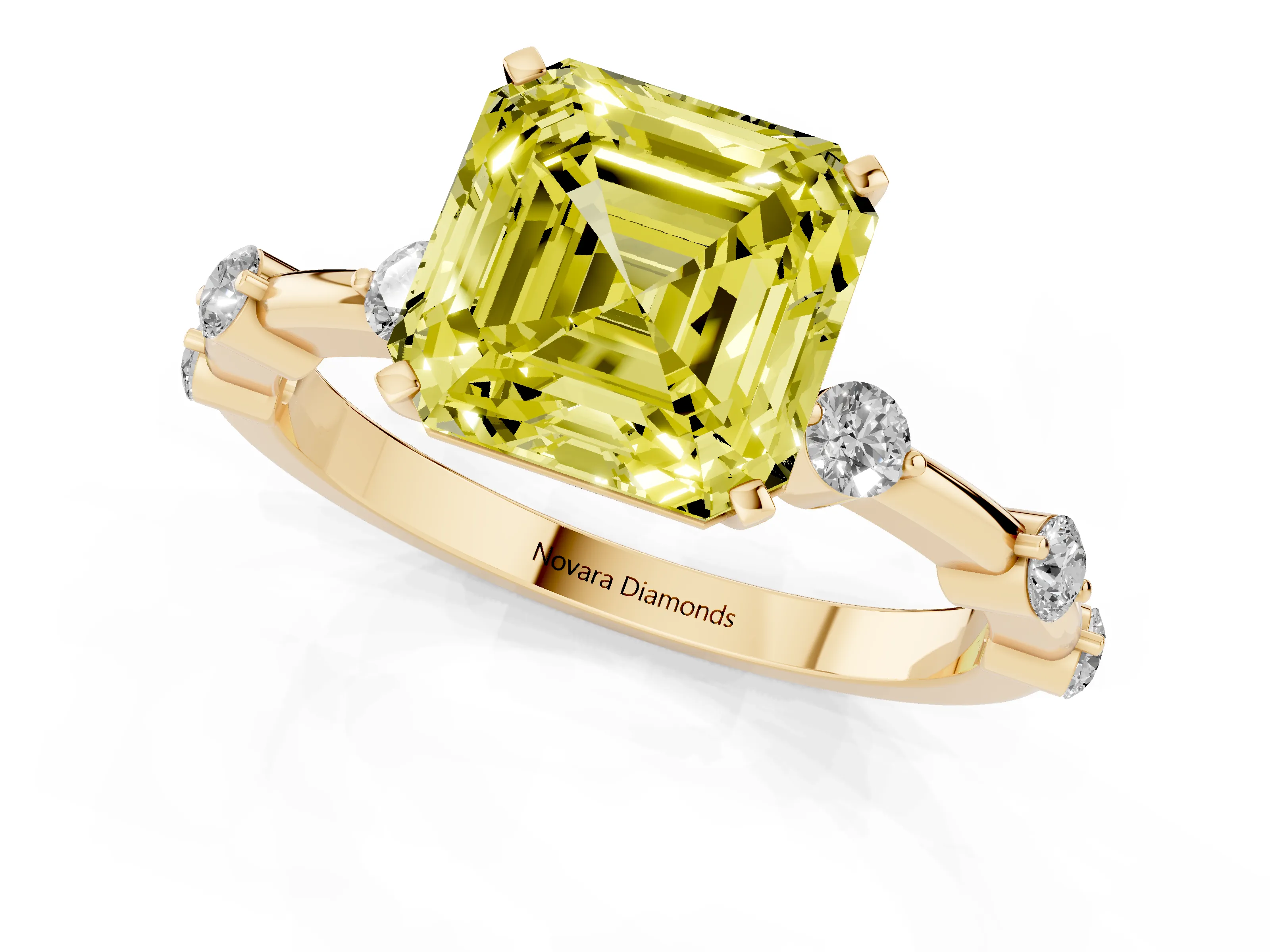 Fancy Yellow Asscher Cut Diamond Solitaire Ring Set in Yellow gold with Bezel Set Side Stones and Prong Setting