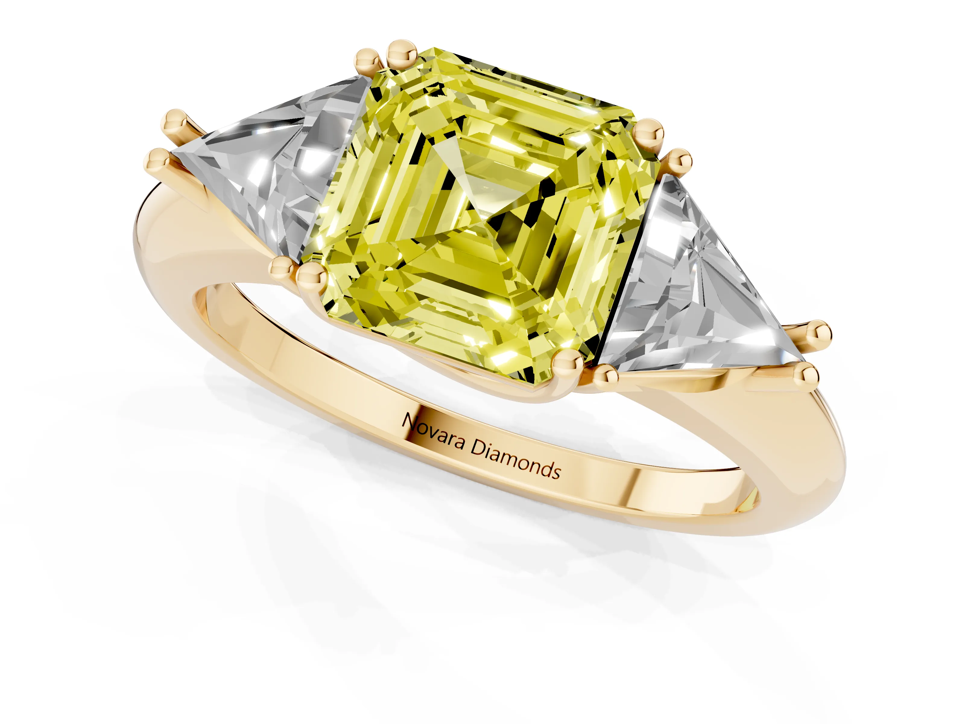 Fancy Yellow Asscher Cut Diamond Three-Stone Engagement Ring Set in Yellow gold with Trillion Side Stones