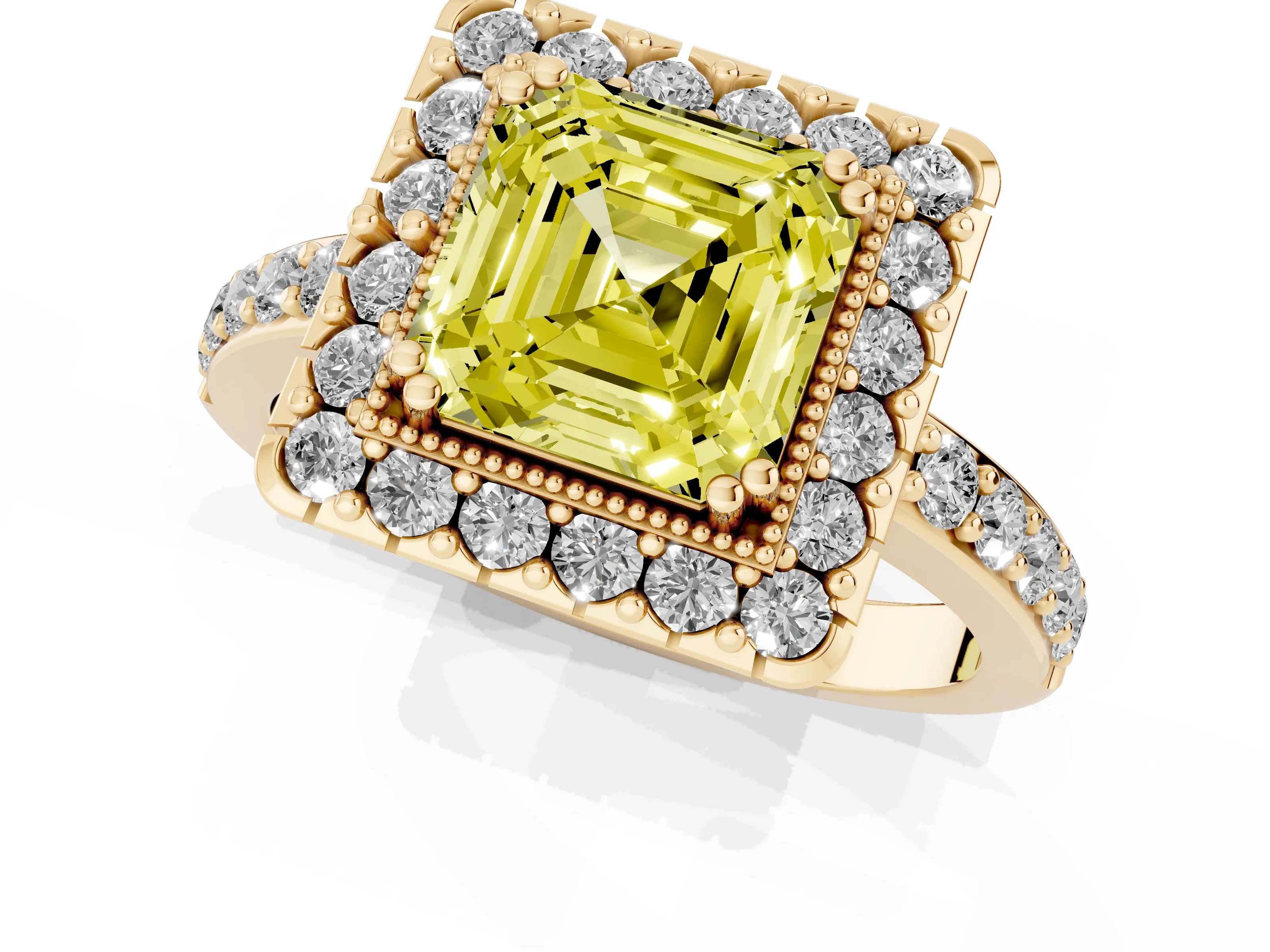 Fancy Yellow Asscher Cut Diamond Halo Ring Set in Yellow gold with Pavé Shank and Prong Setting