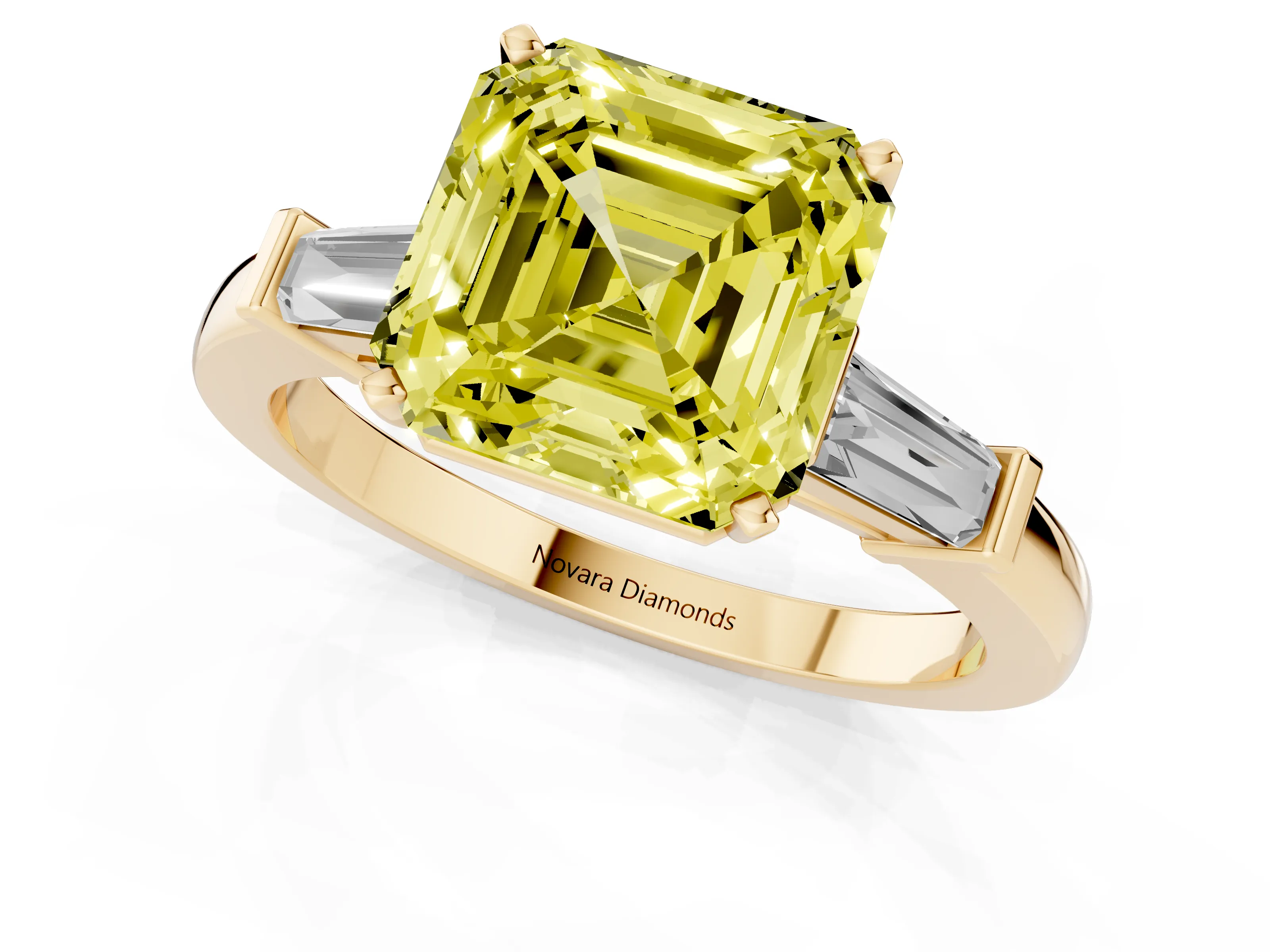 Fancy Yellow Asscher Cut Diamond Solitaire Ring Set in Yellow gold with Tapered Baguette Accents and Prong Setting