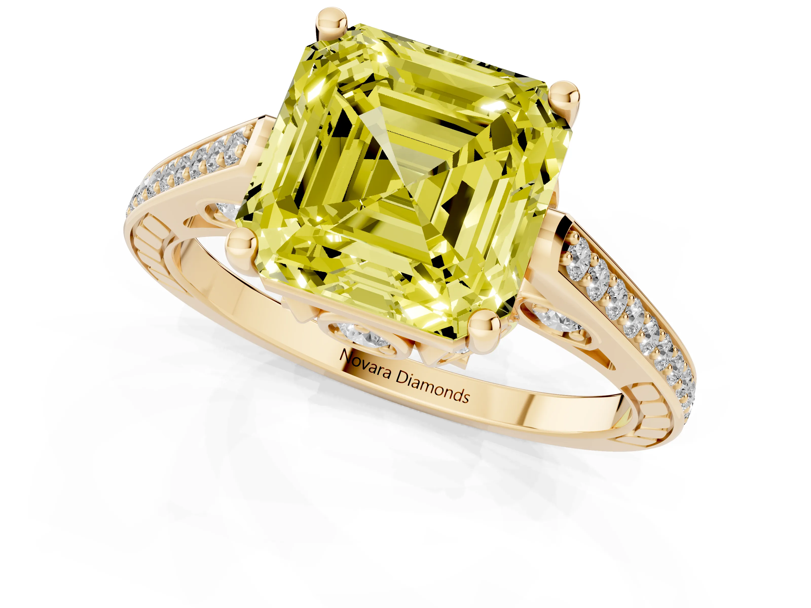 Fancy Yellow Asscher Cut Diamond Cathedral Pavé Engagement Ring Set in Yellow gold with Prong Setting