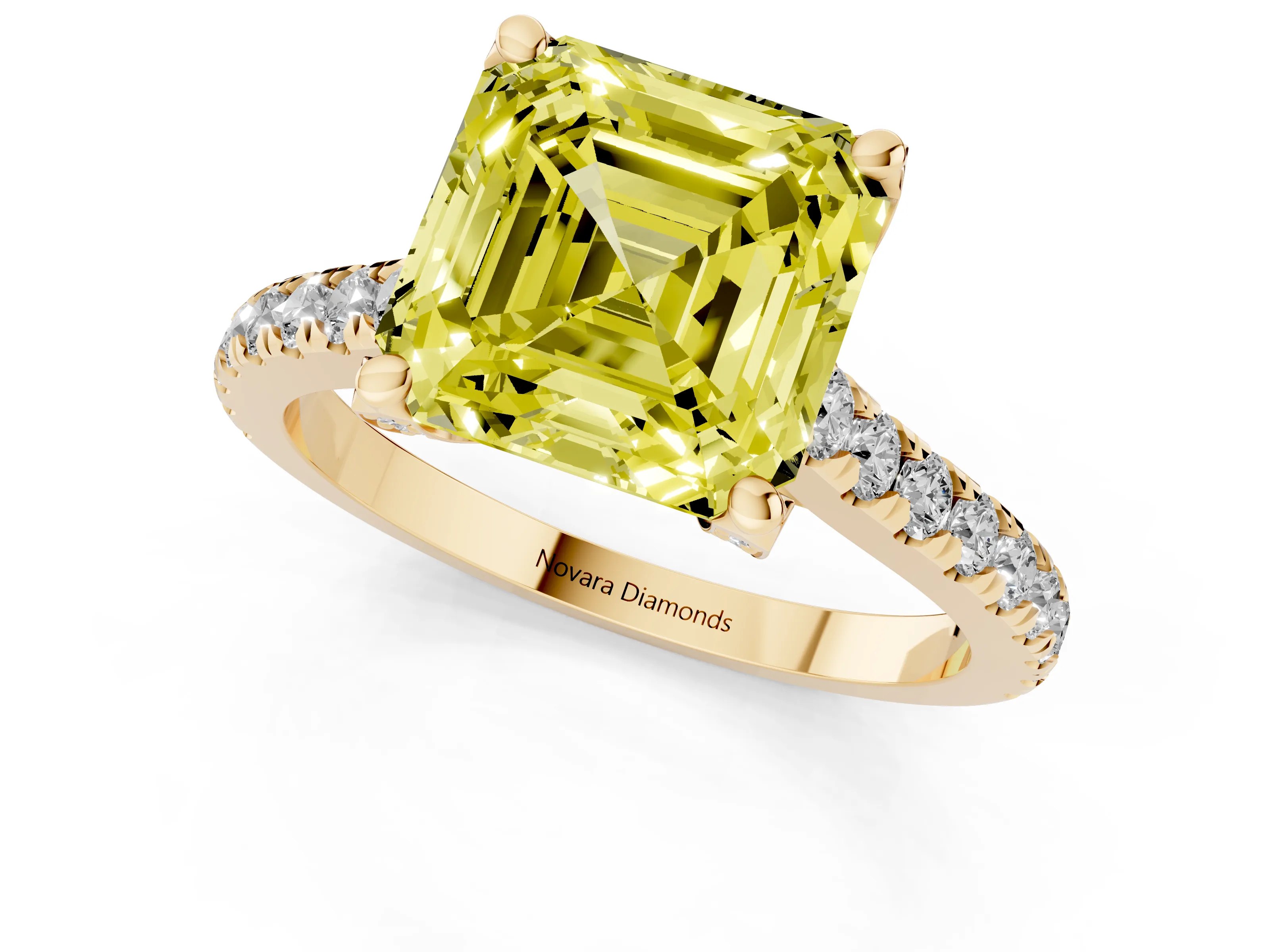 Fancy Yellow Asscher Cut Diamond Solitaire Ring Set in Yellow gold with Brilliant Pavé Band and Prong Setting