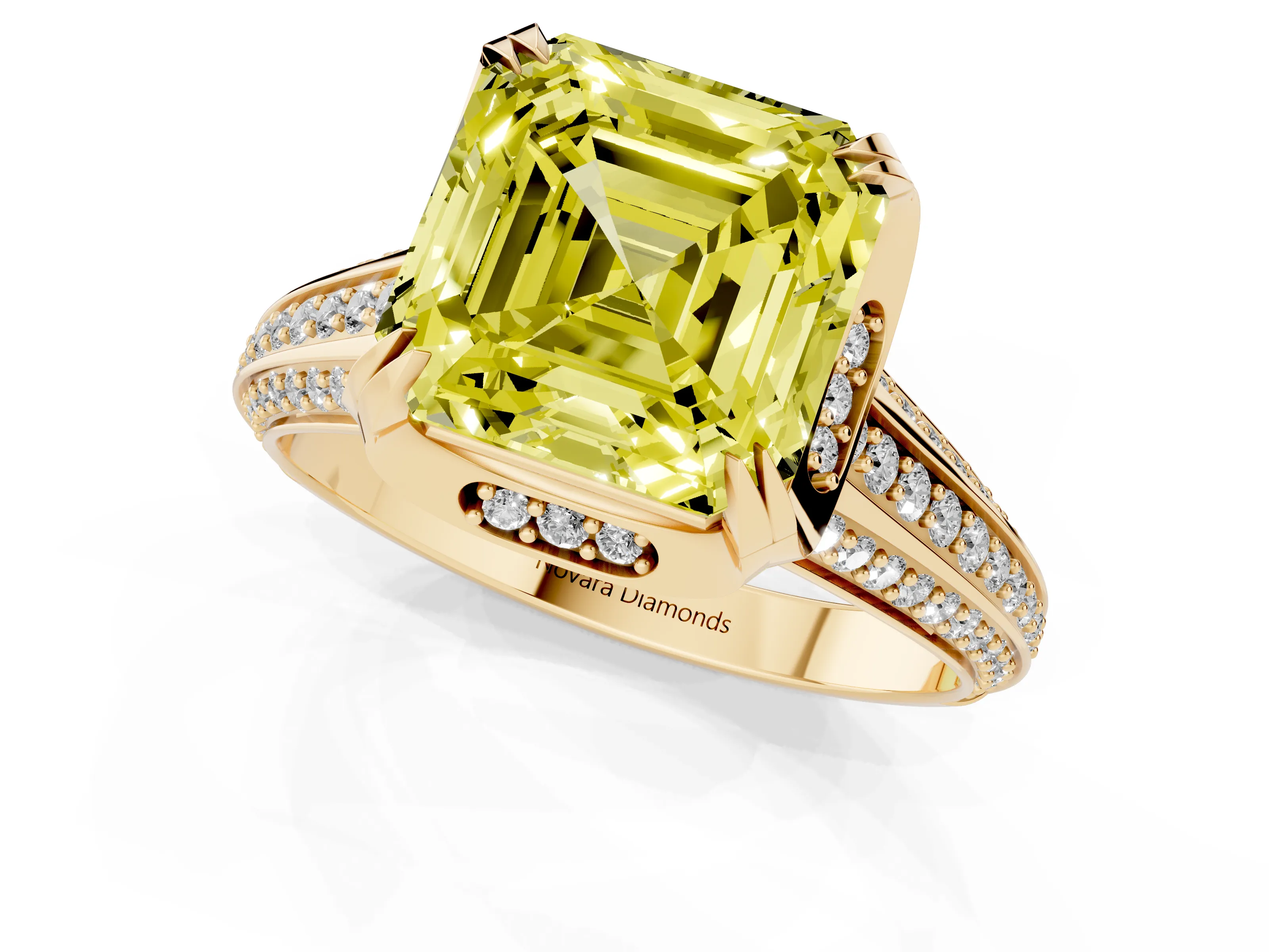 Fancy Yellow Asscher Cut Diamond Pavé Split Shank Solitaire Ring Set in Yellow gold with Prong Setting