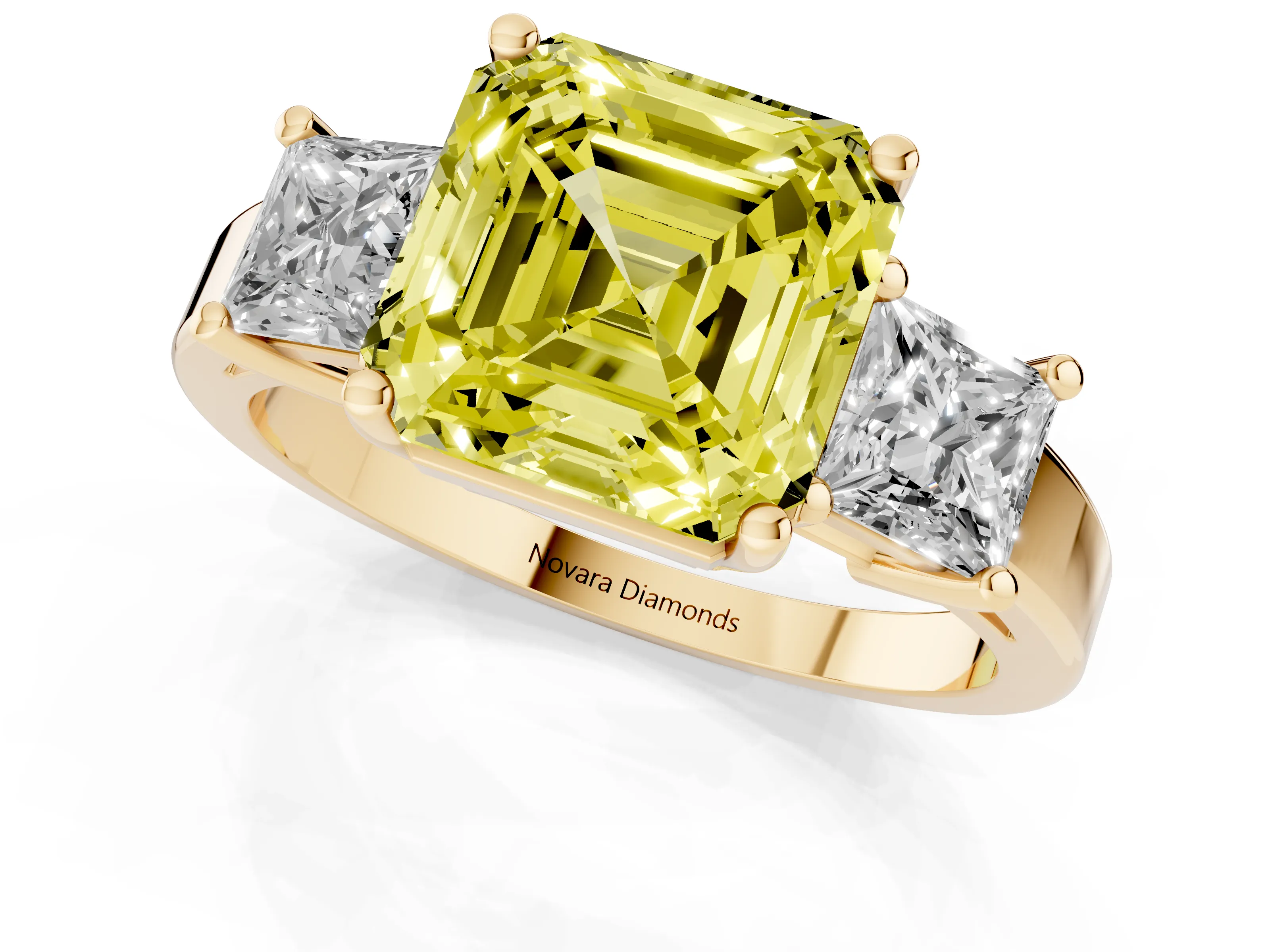 Fancy Yellow Three-Stone Asscher Cut Diamond Solitaire Ring Set in Yellow gold with Prong Setting