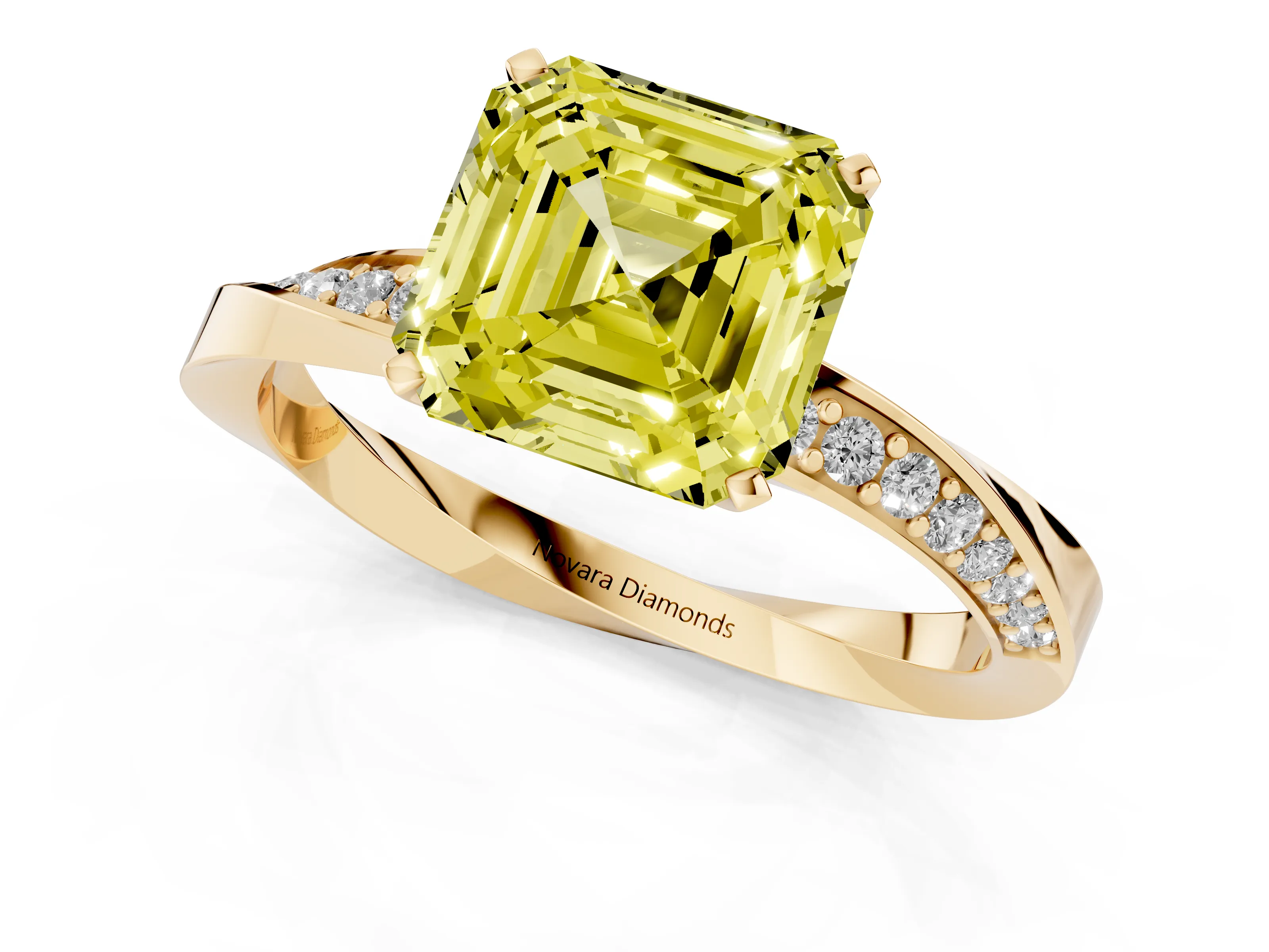 Fancy Yellow Asscher Cut Diamond Engagement Ring Set in Yellow gold with Side Stone Accents and Prong Setting