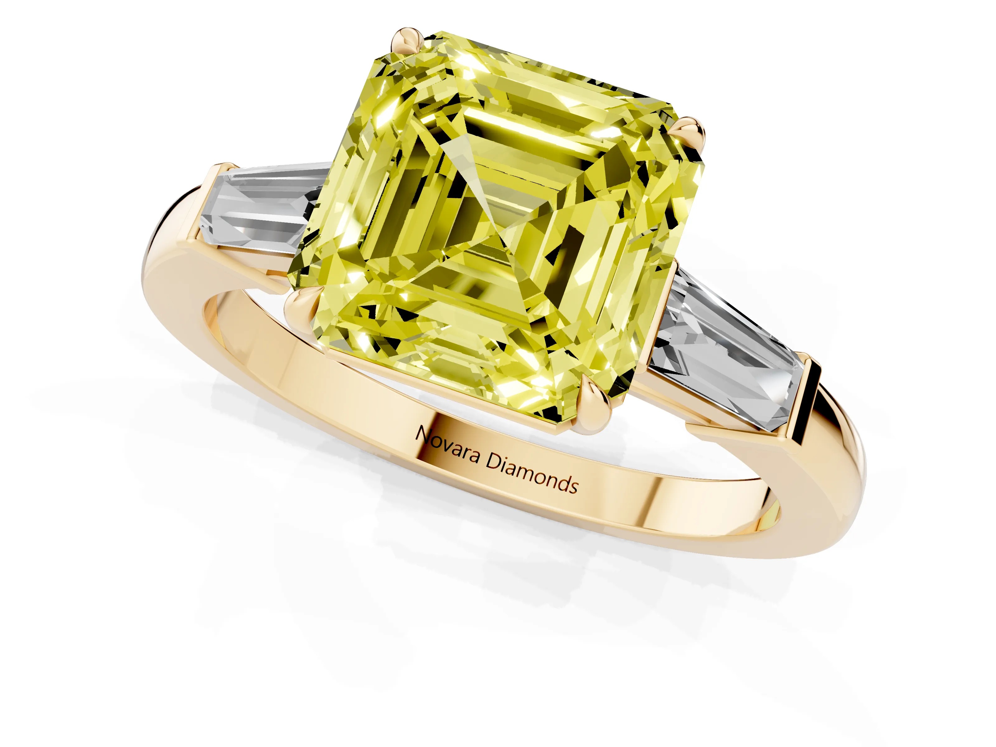 Fancy Yellow Asscher Cut Diamond Three-Stone Ring Set in Yellow gold with Tapered Baguette Side Stones and Prong Setting