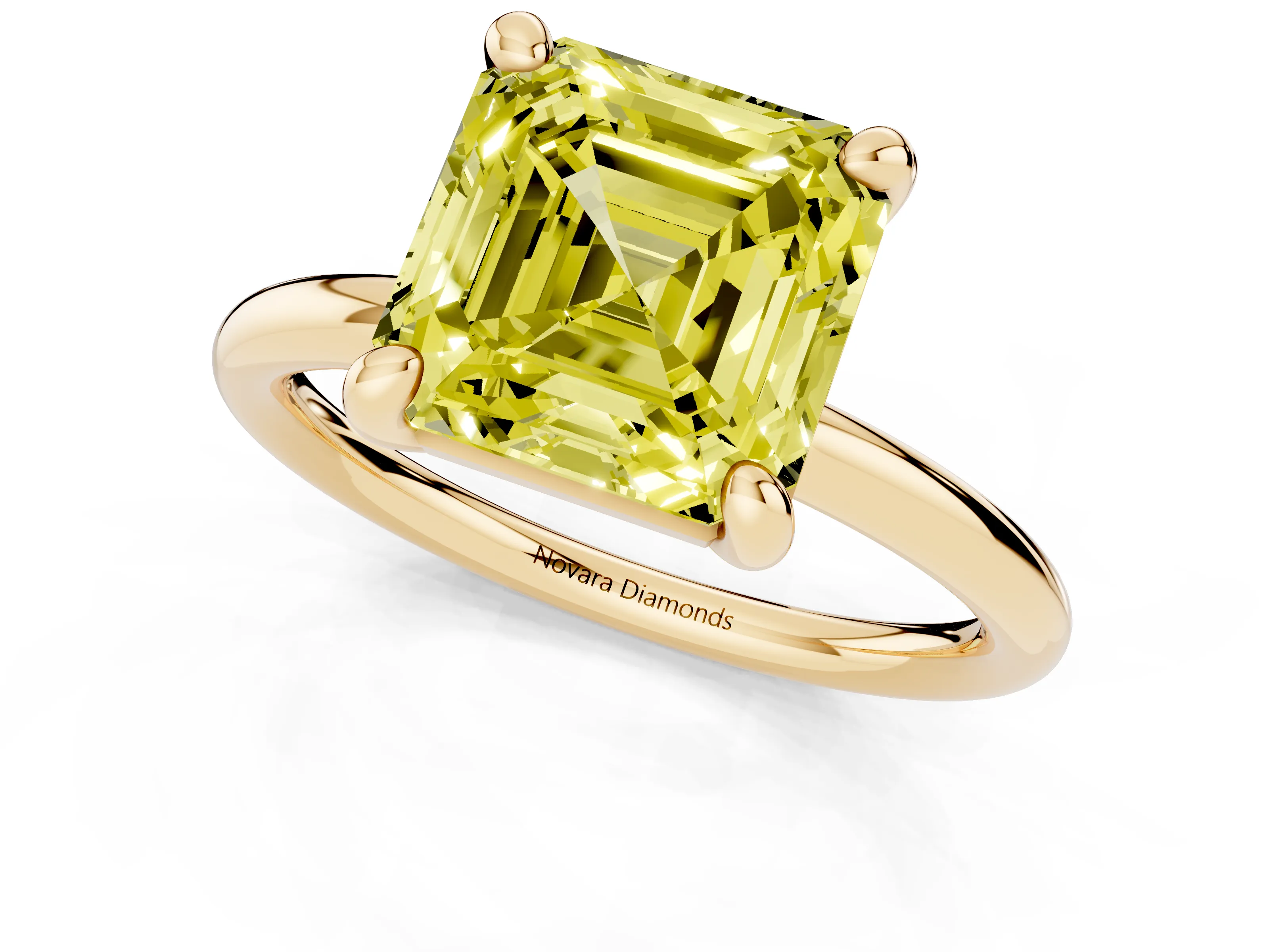 Fancy Yellow Asscher Cut Diamond Solitaire Ring Set in Yellow gold with Prong Setting on a Polished Plain Band