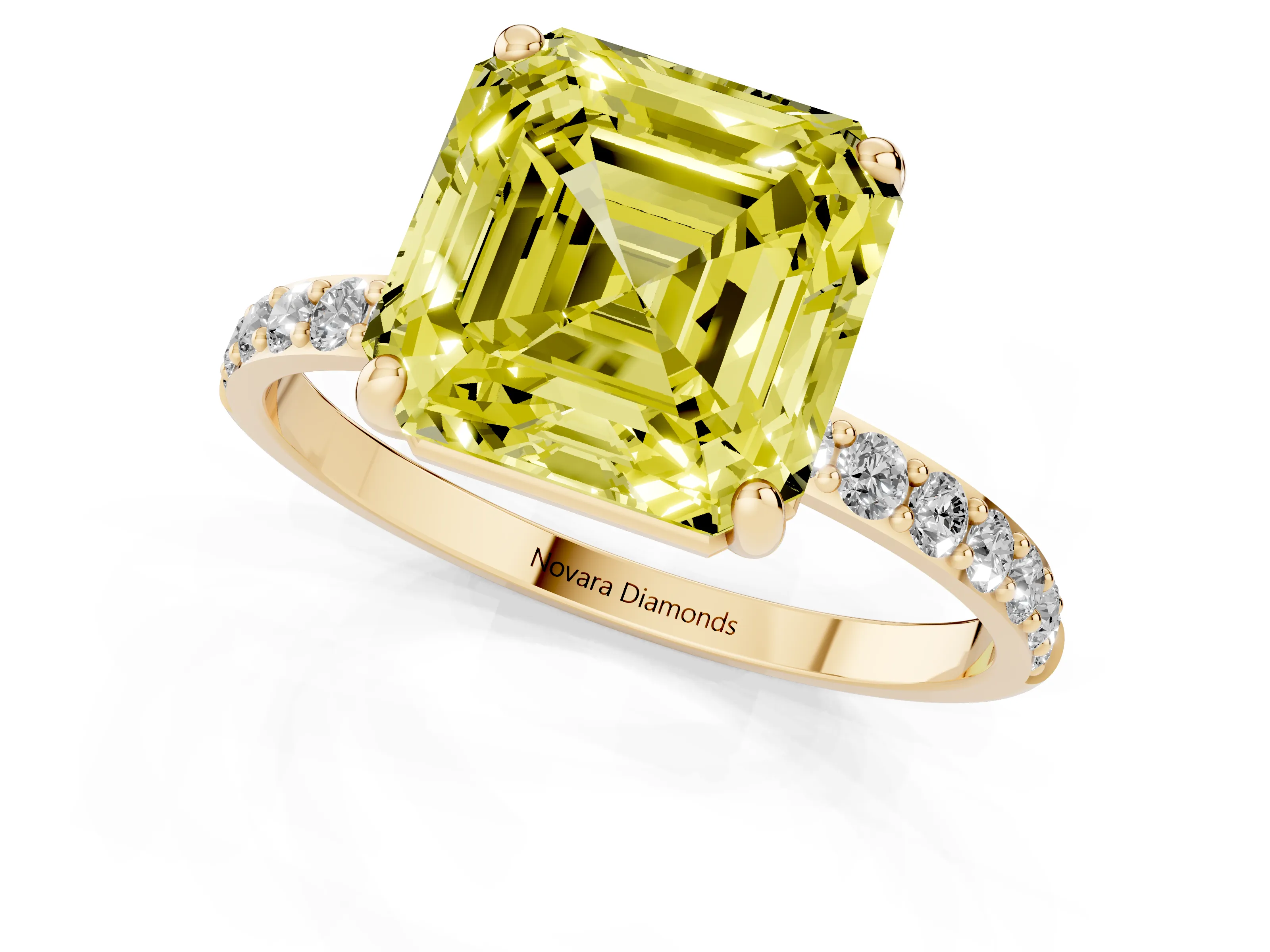 Fancy Yellow Asscher Cut Diamond Solitaire Ring Set in Yellow gold with Round Pavé Band and Prong Setting