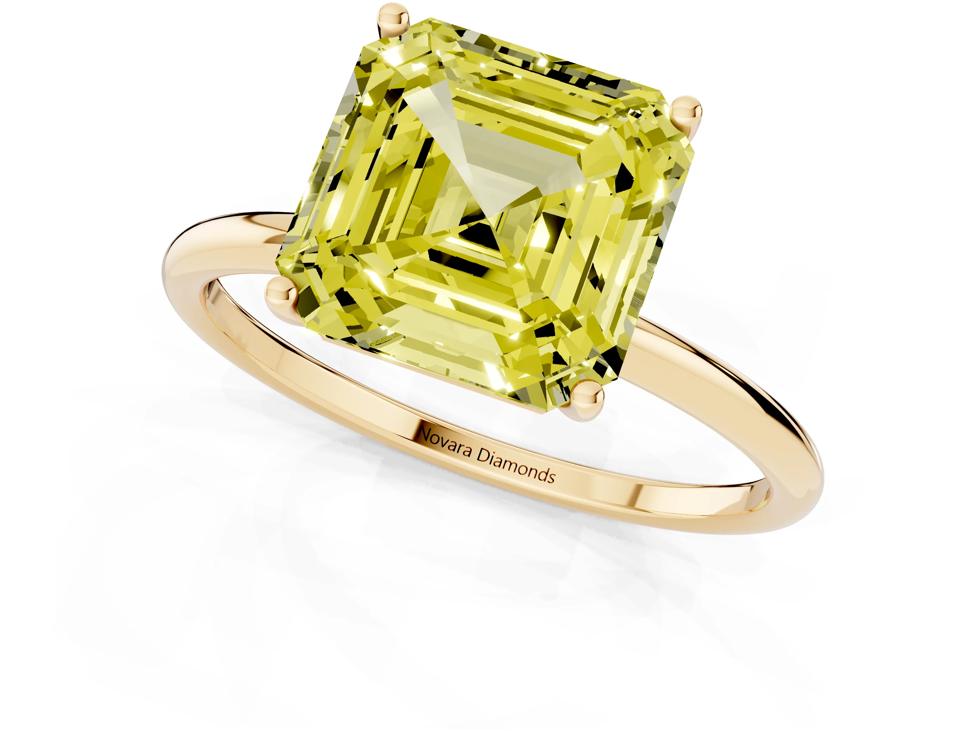 Fancy Yellow Asscher Cut Diamond Solitaire Engagement Ring Set in Yellow gold with Thin Band and Prong Setting