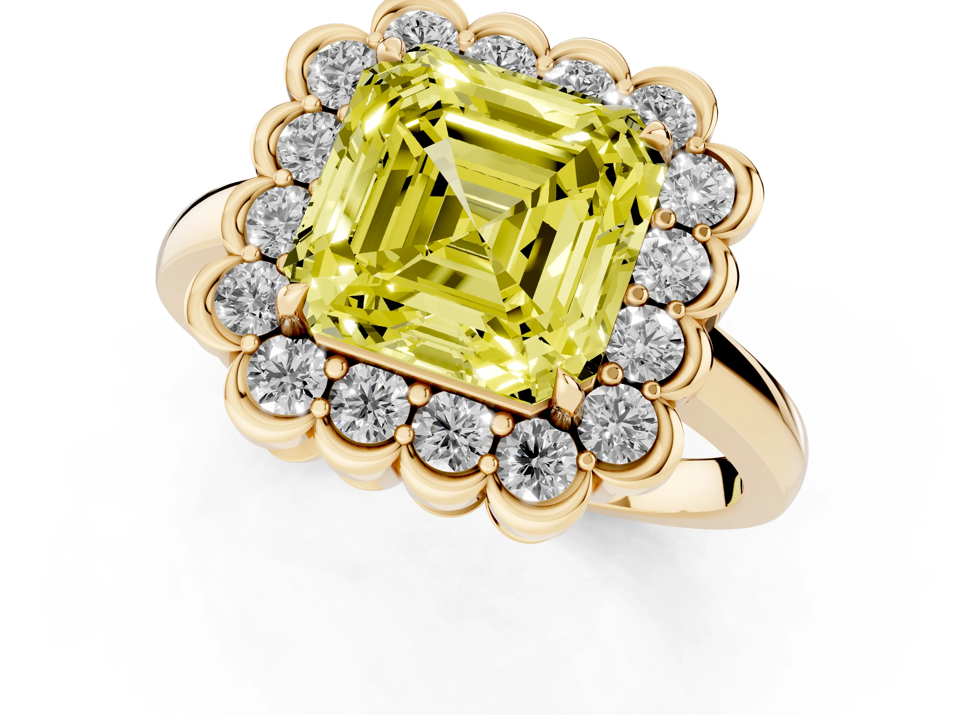 Fancy Yellow Asscher Cut Diamond Halo Cluster Engagement Ring Set in Yellow gold with Solitaire Band and Prong Setting