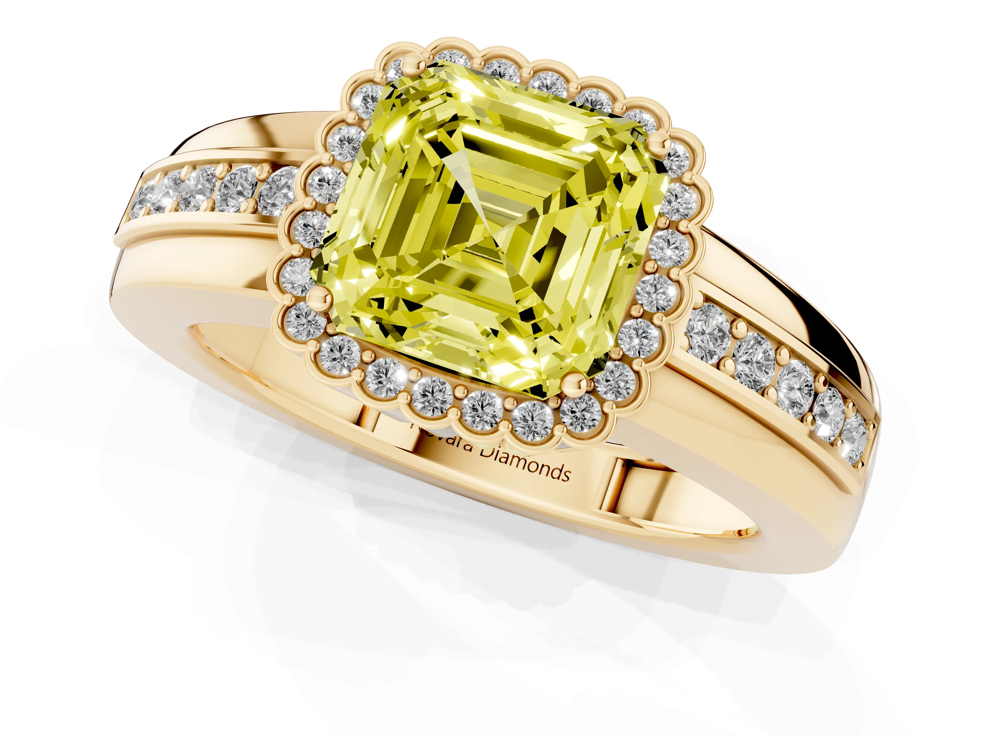 Fancy Yellow Asscher Cut Diamond Halo Prong Ring Set in Yellow gold with Pavé Band