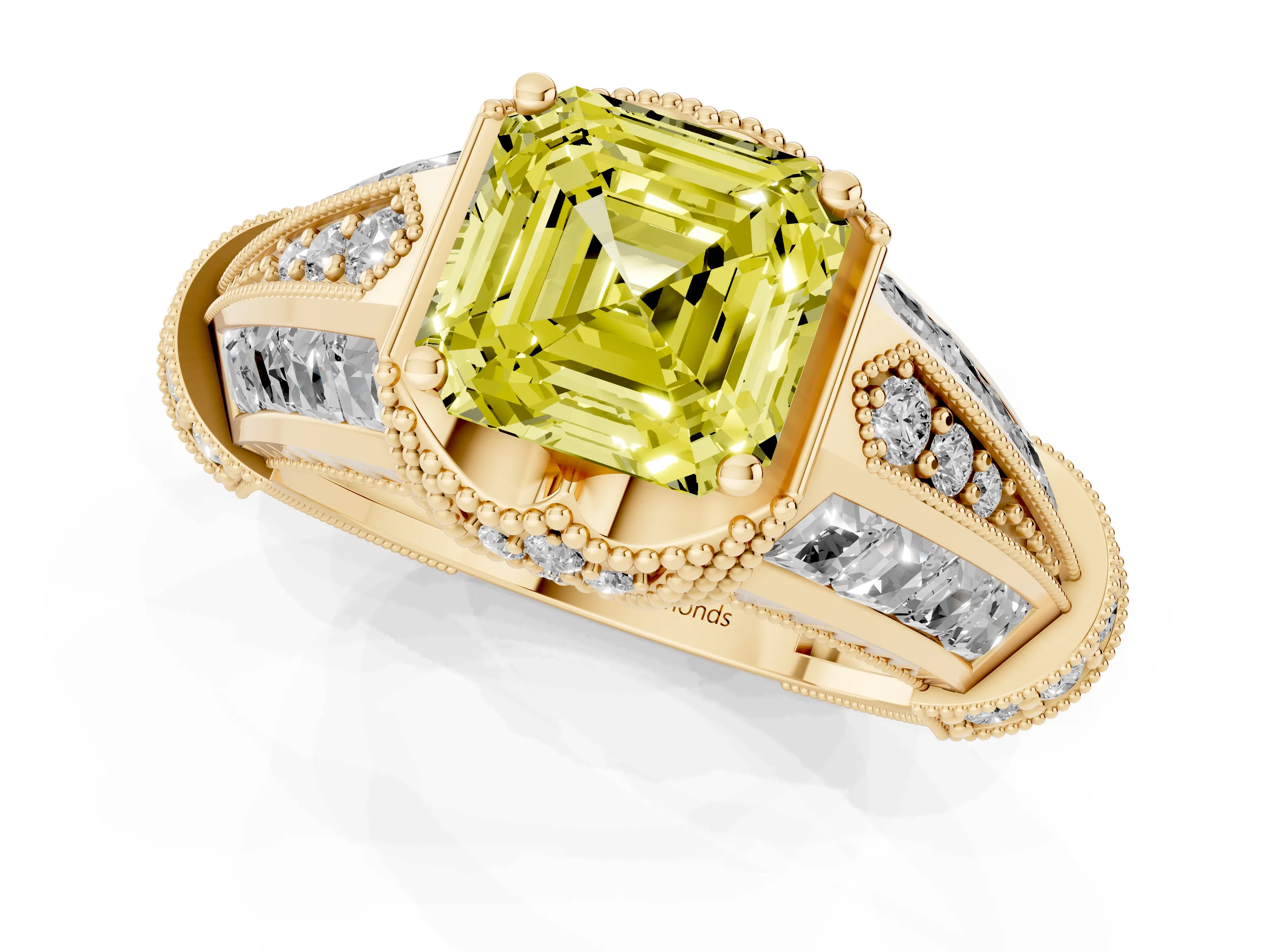 Fancy Yellow Asscher Cut Diamond Vintage-Inspired Milgrain Ring Set in Yellow gold with Accent Split Shank