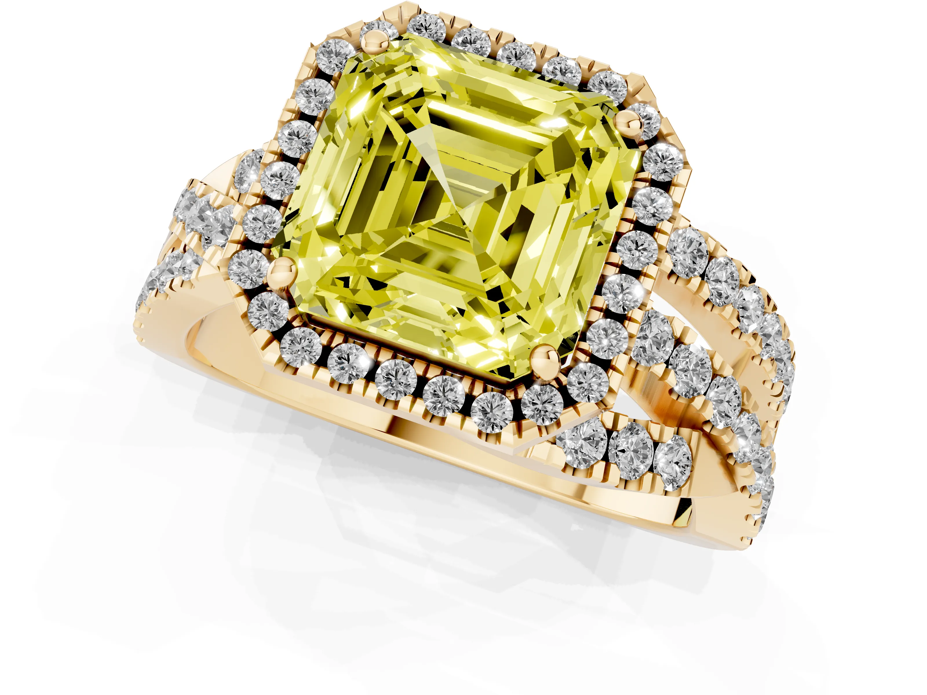 Fancy Yellow Asscher Cut Diamond Halo Ring Set in Yellow gold with Round Crossover Split Shank and Prong Setting