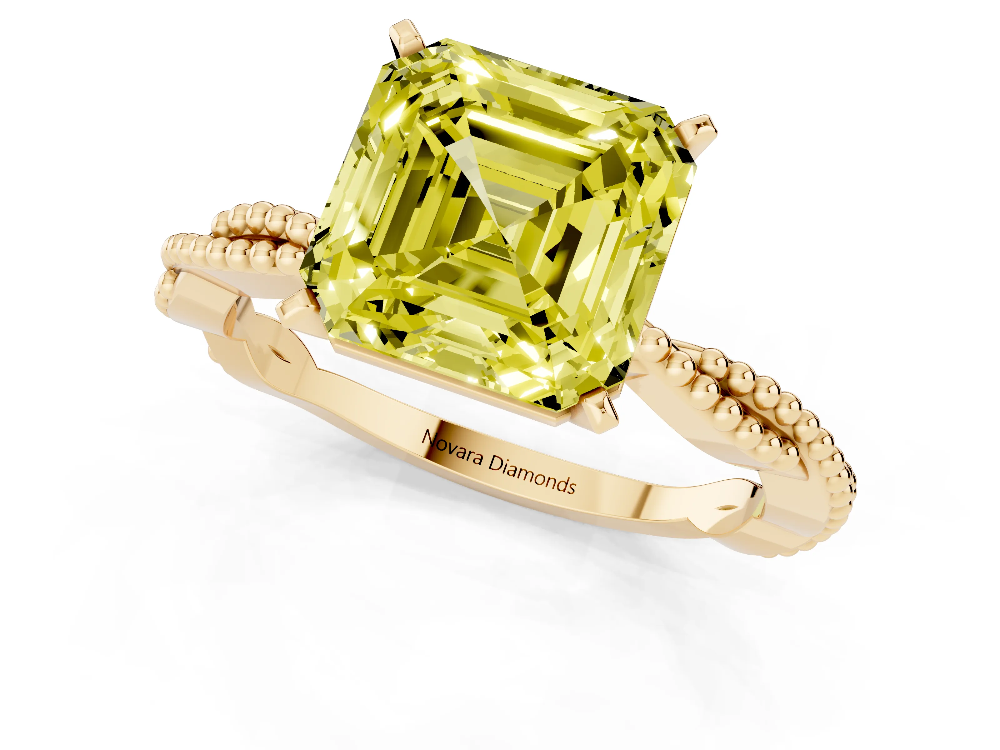 Fancy Yellow Asscher Cut Diamond Solitaire Ring Set in Yellow gold with Twisted Band and Bead Prong Setting