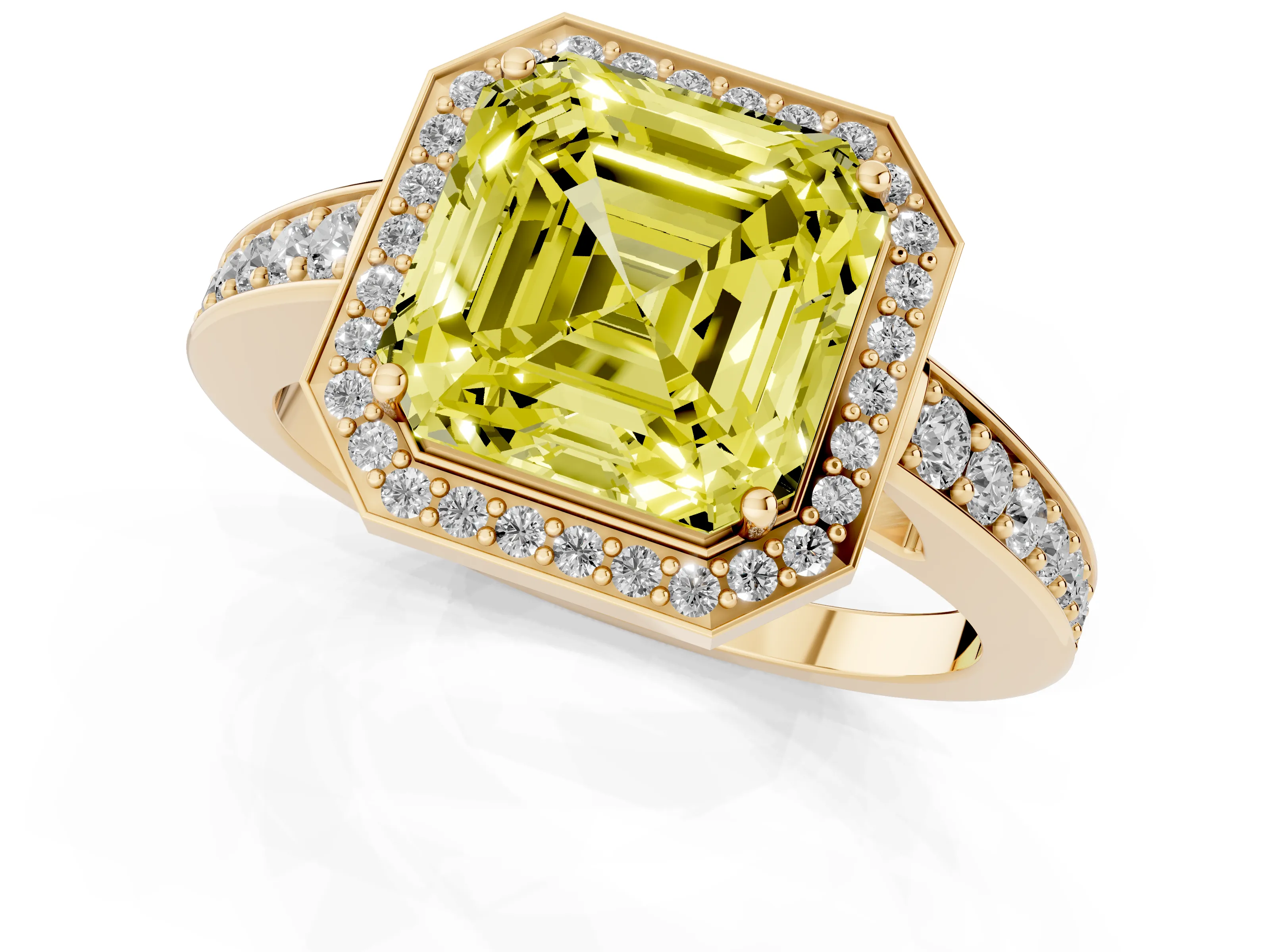 Fancy Yellow Asscher Cut Diamond Halo Pavé Engagement Ring Set in Yellow gold with Bezel Setting