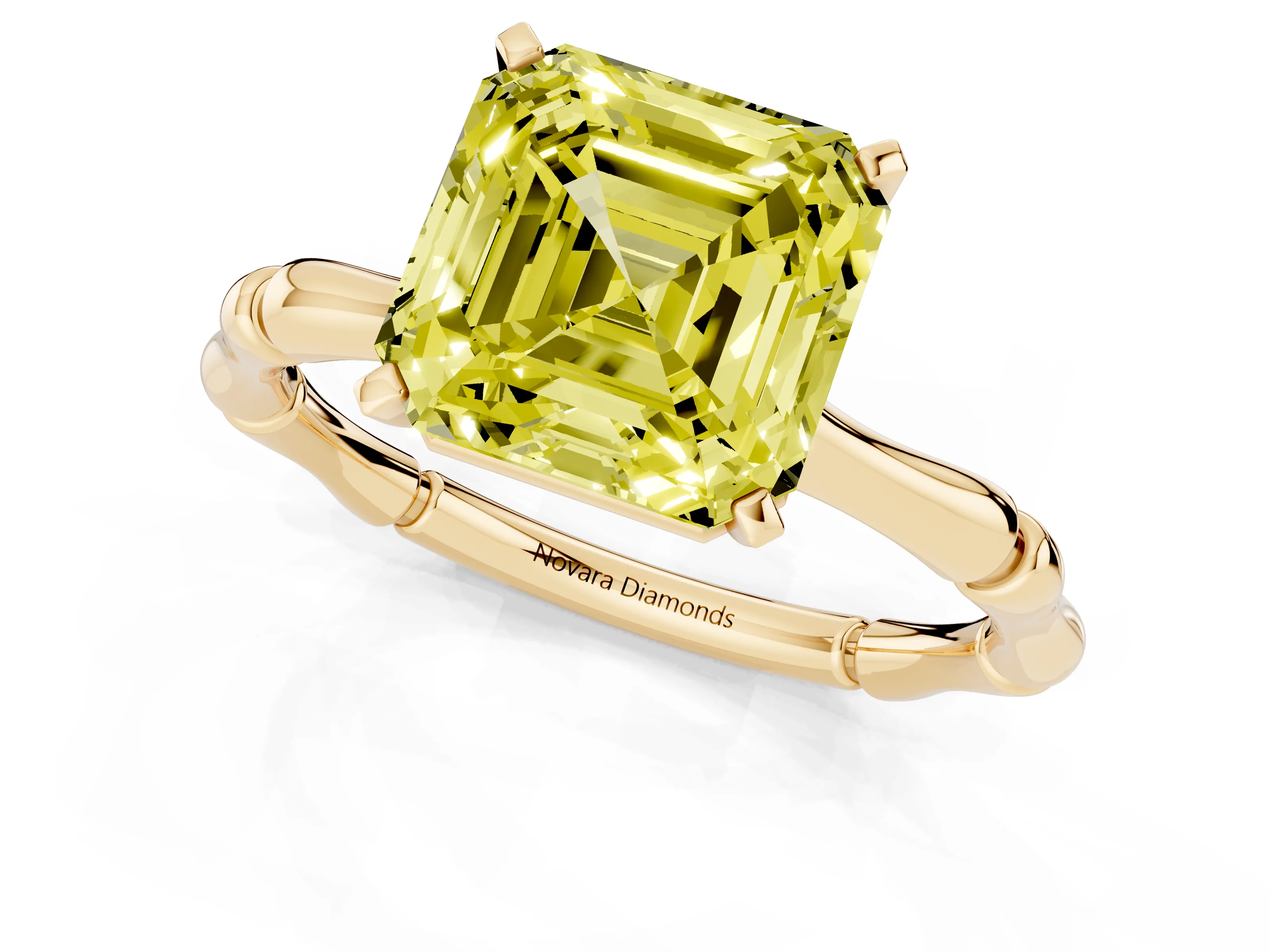 Fancy Yellow Asscher Cut Diamond Solitaire Ring Set in Yellow gold with Bamboo Band and Prong Setting