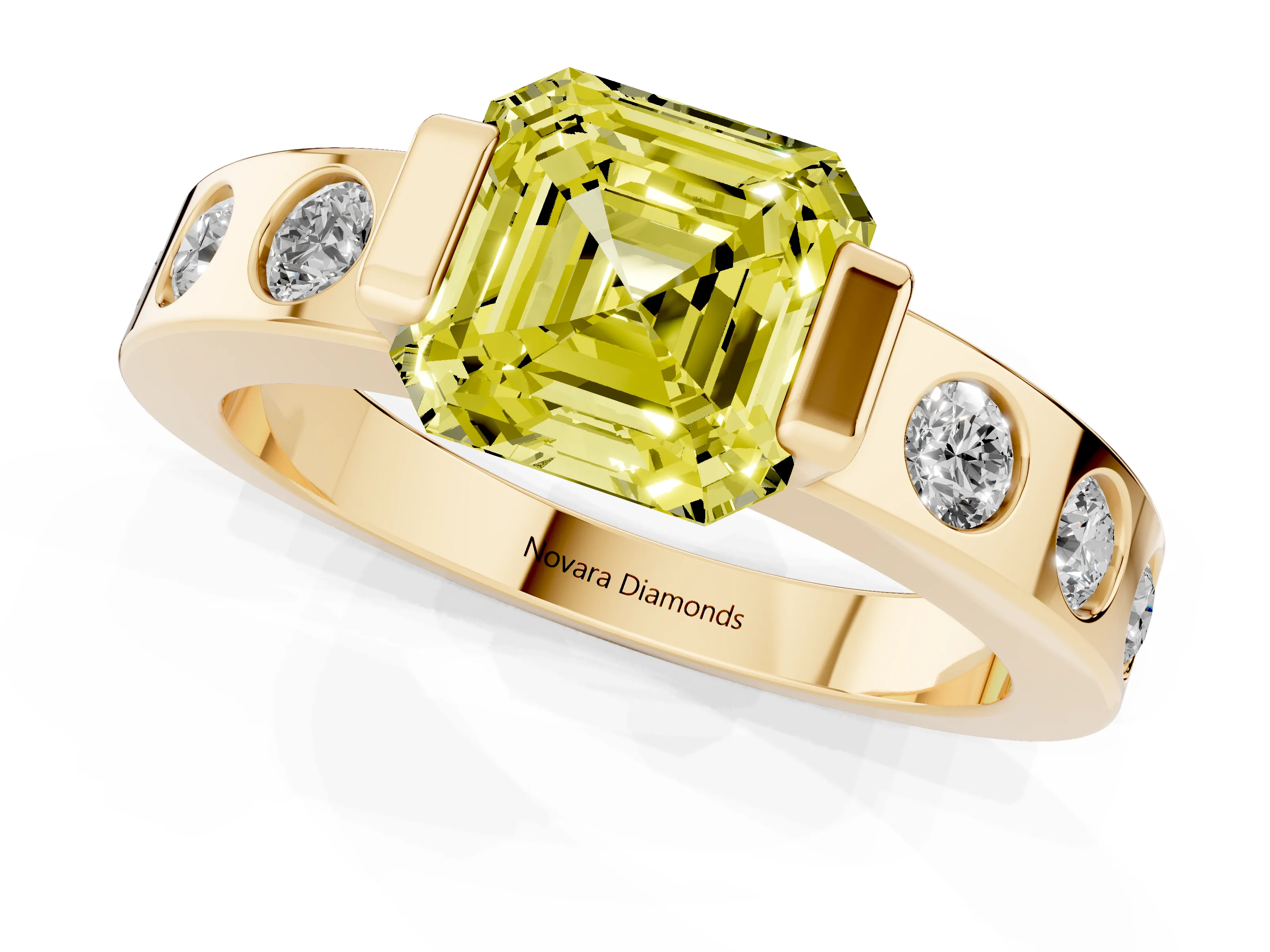 Fancy Yellow Asscher Cut Diamond Channel-Set Band Ring Set in Yellow gold with Bezel Prong Setting