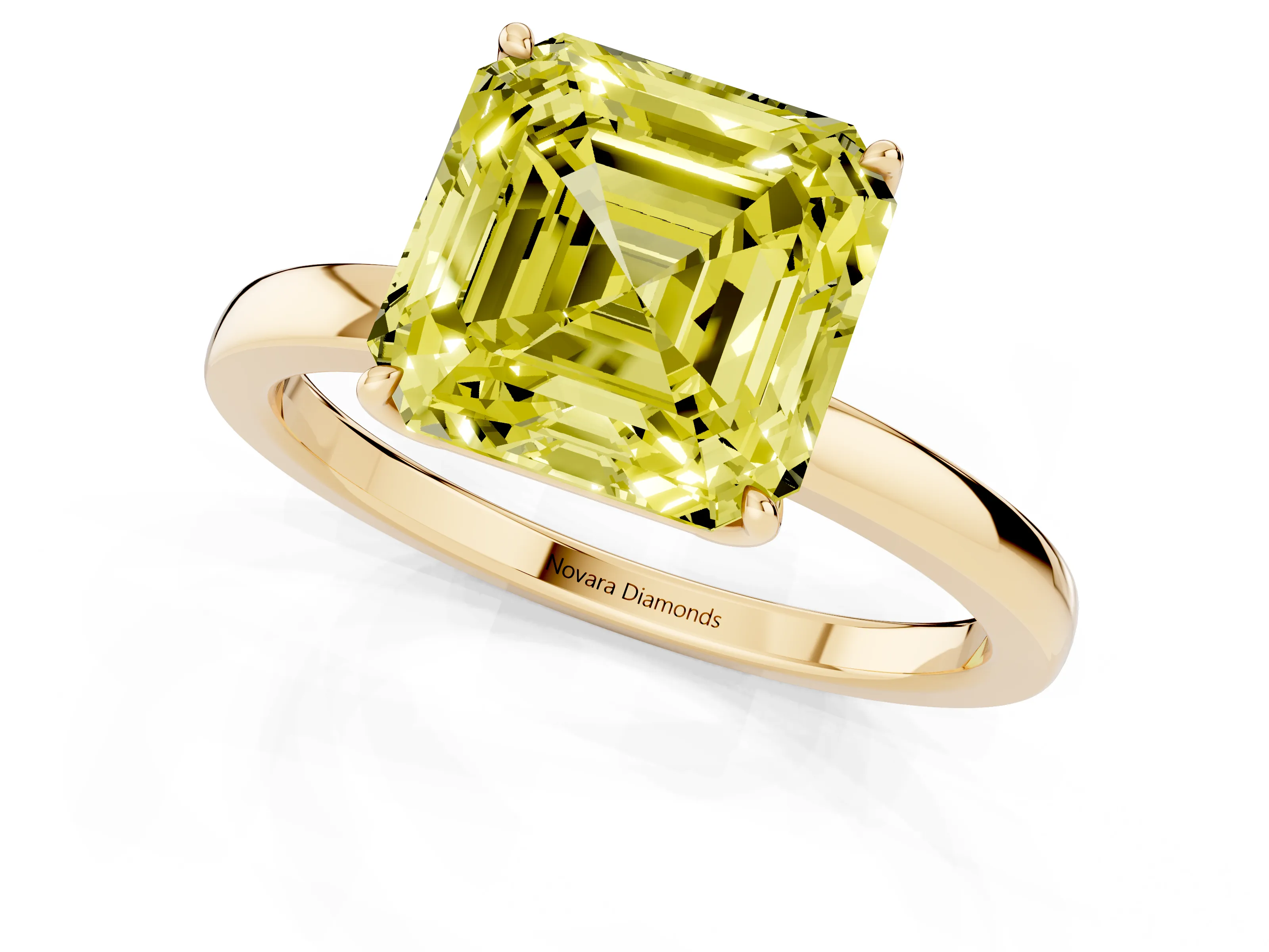 Fancy Yellow Asscher Cut Diamond Solitaire Ring Set in Yellow gold with Prong Setting and Thin Polished Band