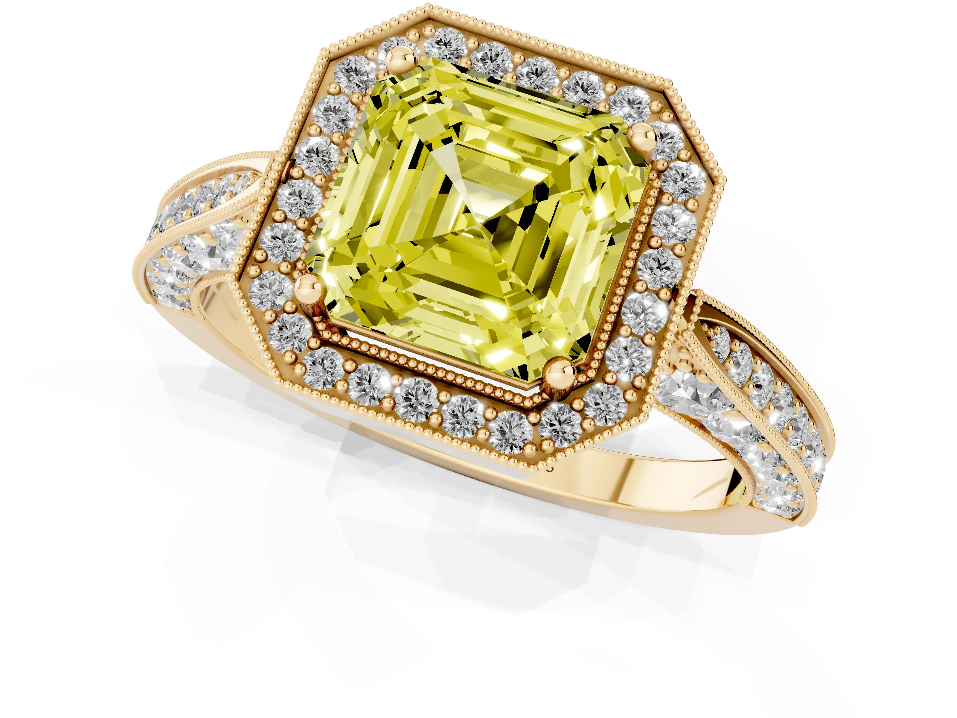 Fancy Yellow Asscher Cut Diamond Halo Engagement Ring Set in Yellow gold with Accent Split Shank Band