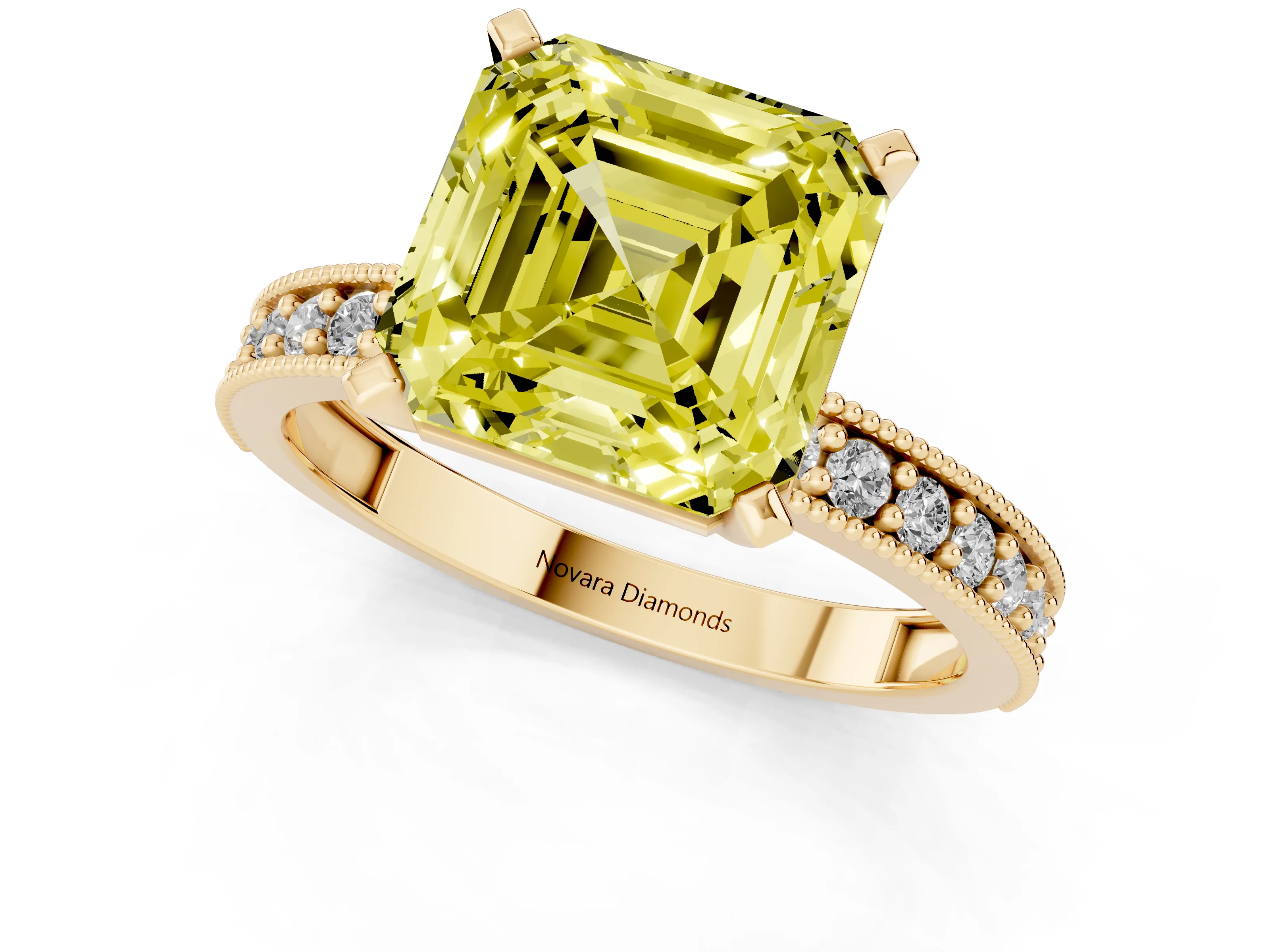 Fancy Yellow Asscher Cut Diamond Milgrain Pavé Engagement Ring Set in Yellow gold with Prong Setting
