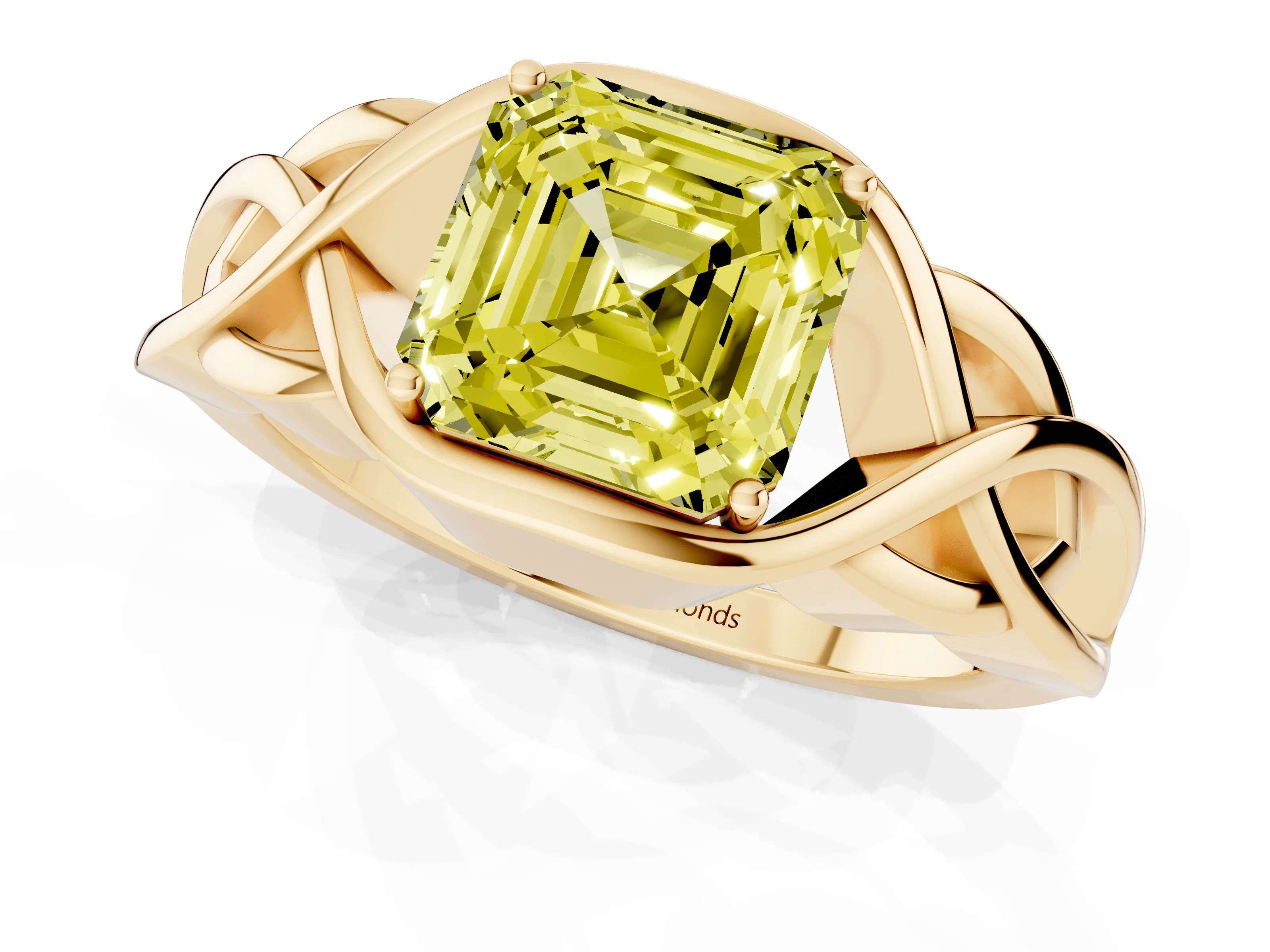 Fancy Yellow Asscher Cut Diamond Solitaire Ring Set in Yellow gold with Intertwined Band