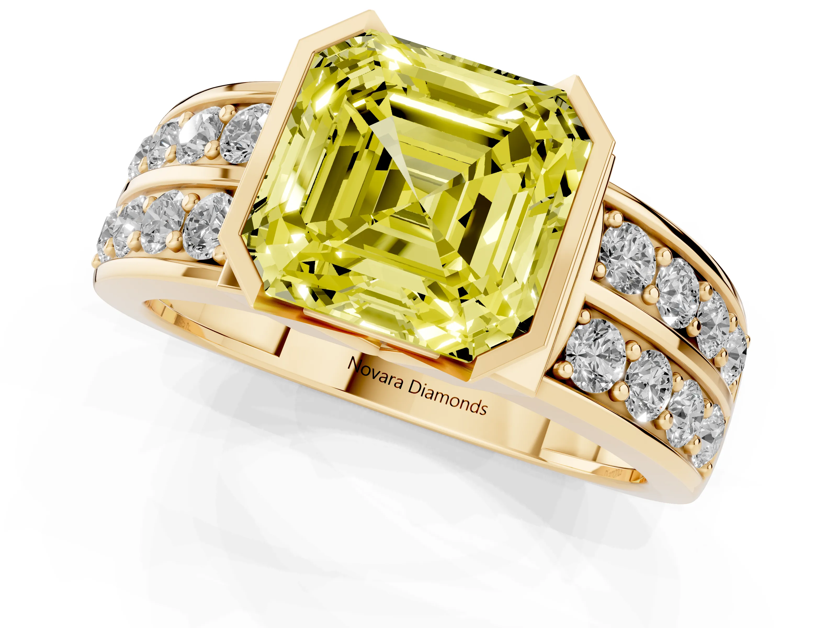 Fancy Yellow Asscher Cut Diamond Wide Channel Set Band Ring Set in Yellow gold with Bezel Setting