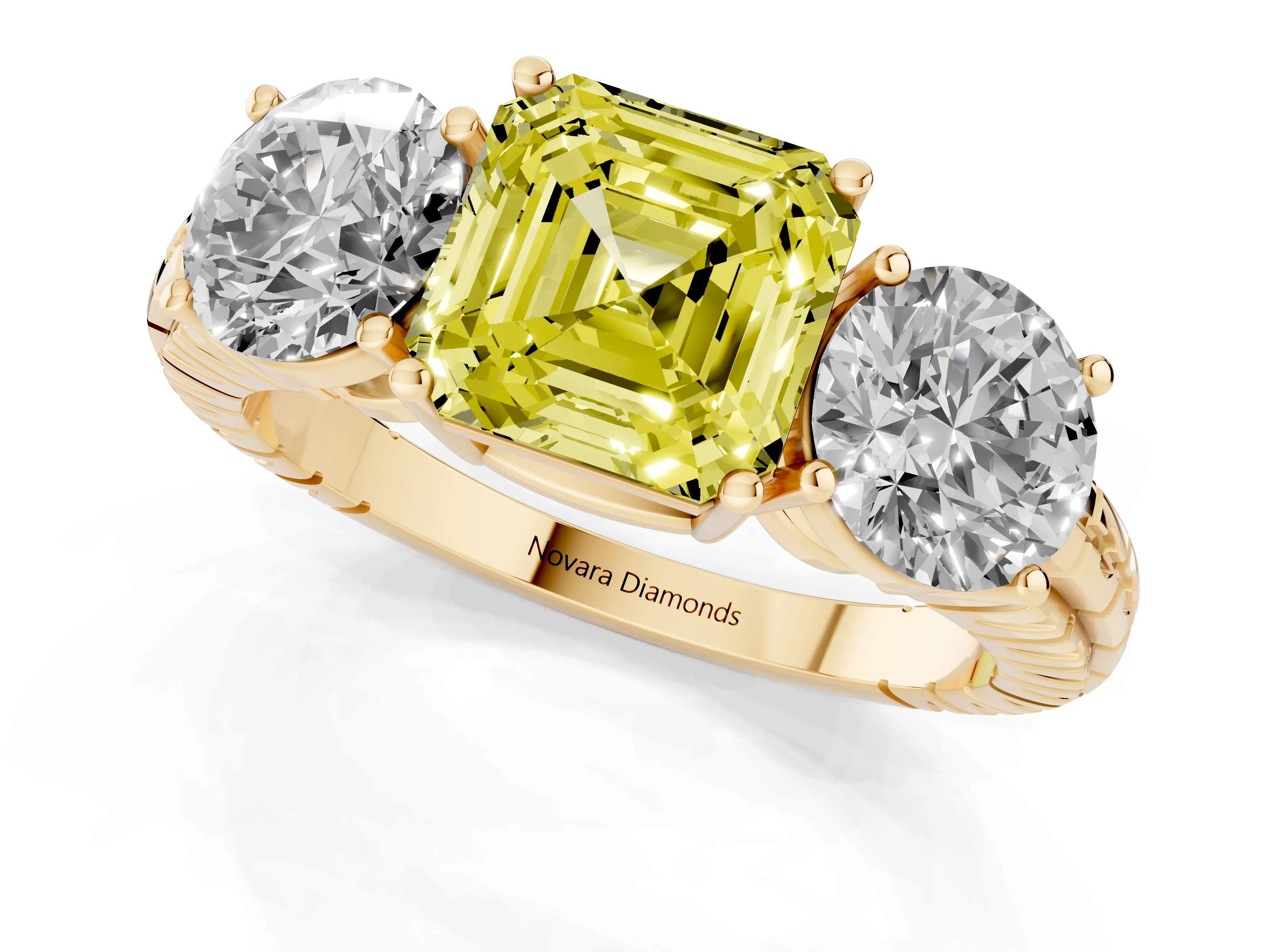Fancy Yellow Asscher Cut Diamond Three-Stone Ring Set in Yellow gold with Channel-Set Accent Band