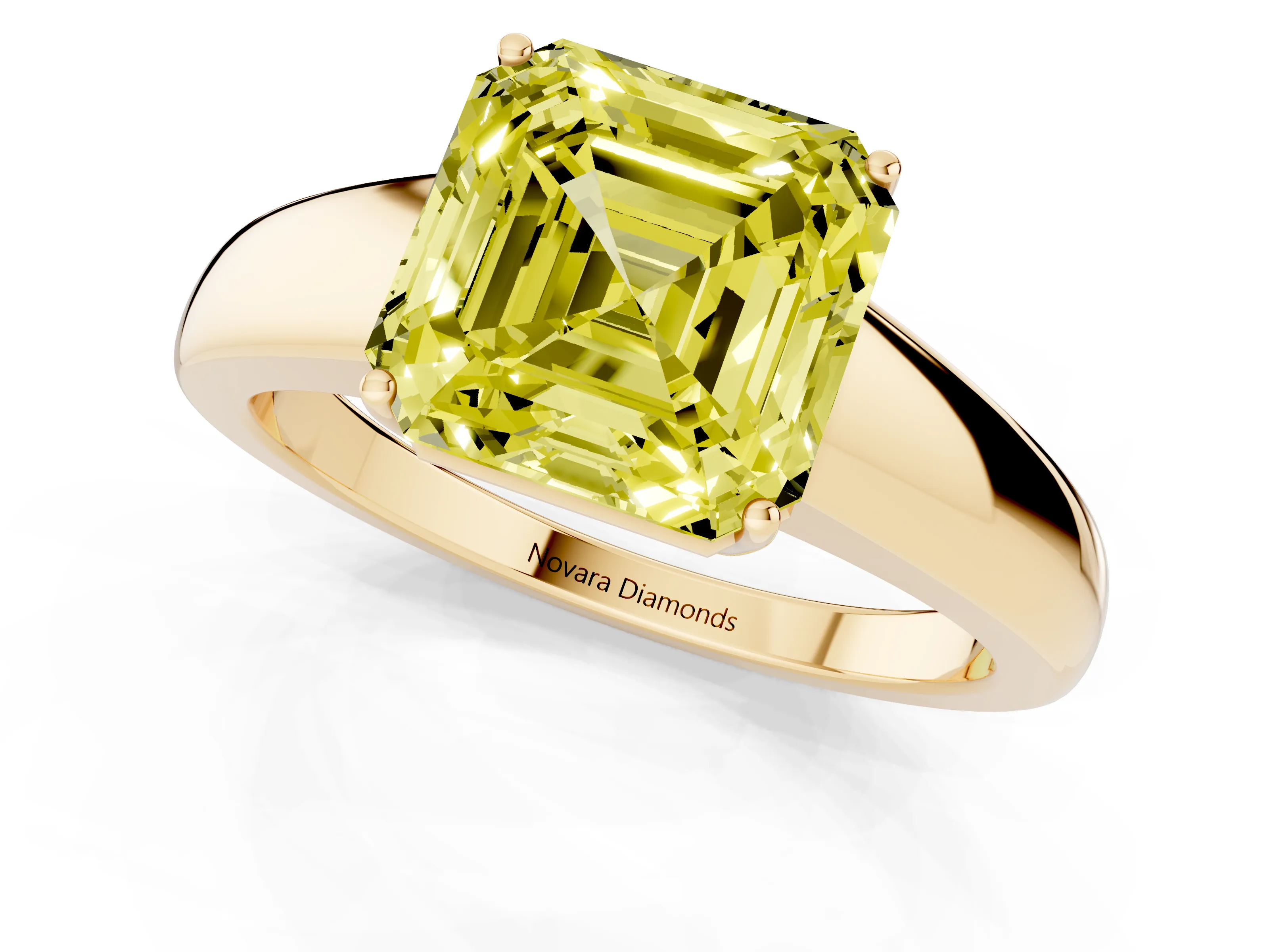 Fancy Yellow Asscher Cut Diamond Solitaire Ring Set in Yellow gold with Tapered Band and Prong Setting