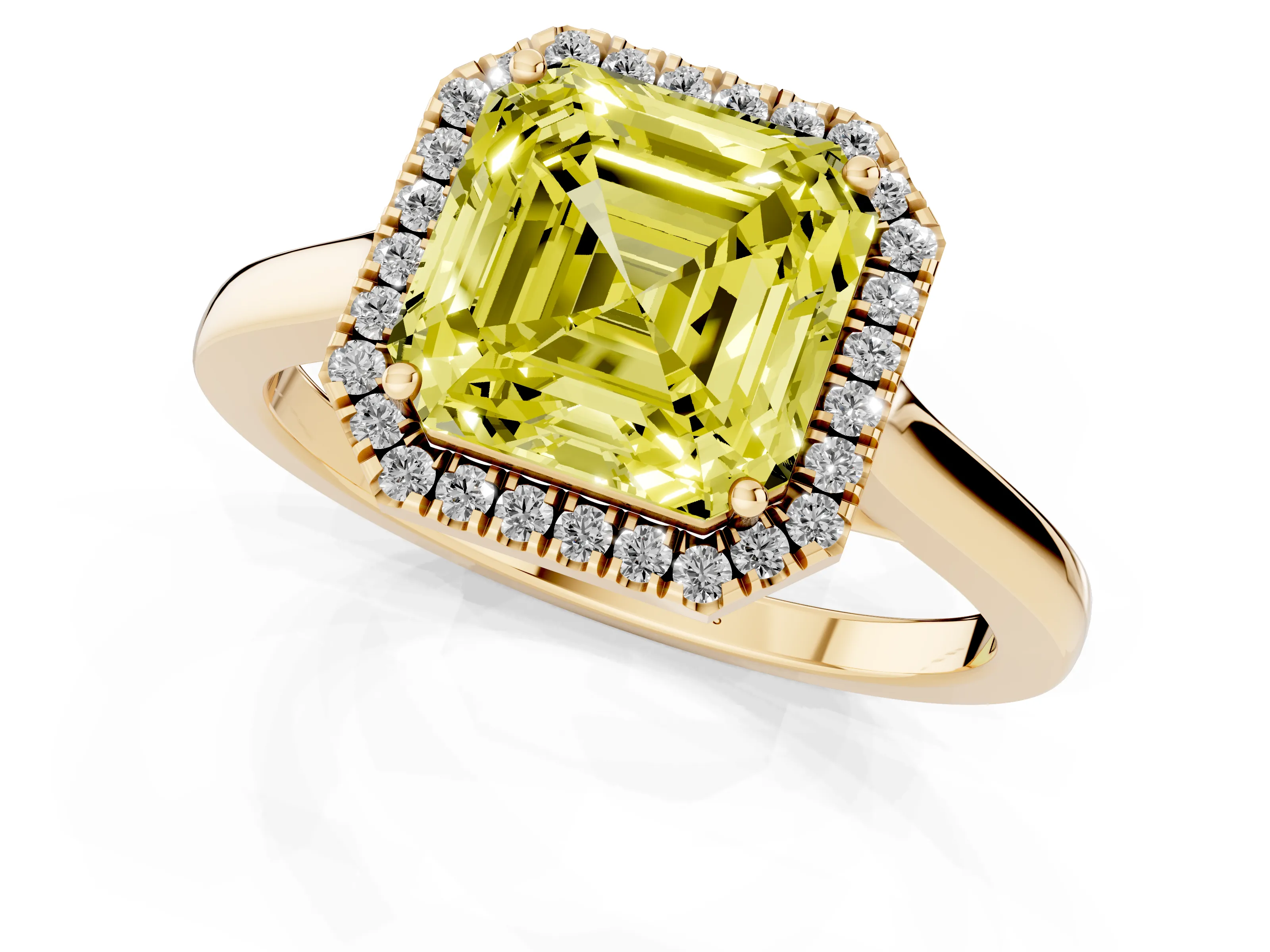 Fancy Yellow Asscher Cut Halo Round Diamond Solitaire Ring Set in Yellow gold with Pavé Band and Prong Setting