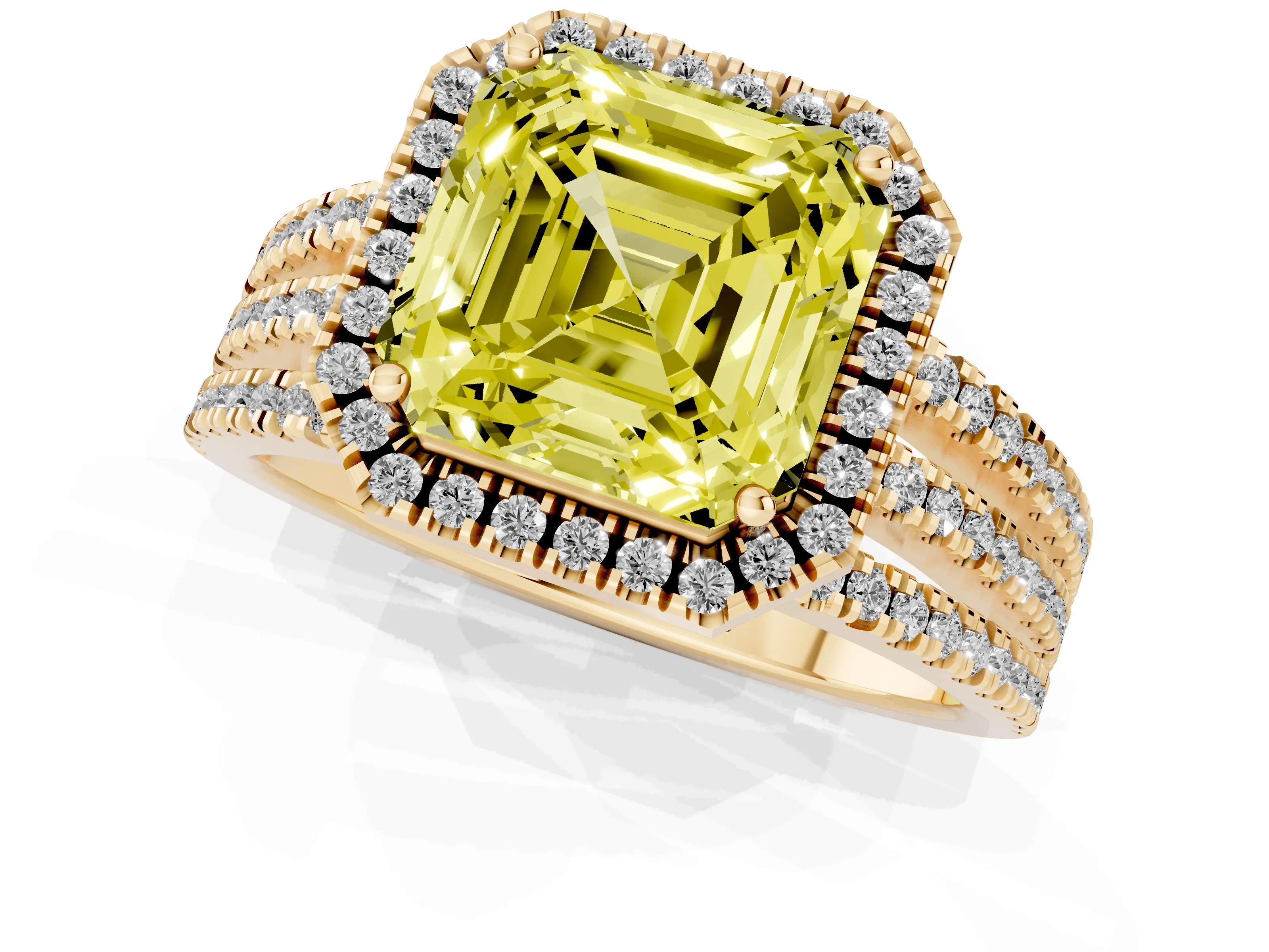 Fancy Yellow Asscher Cut Diamond Halo Split Shank Engagement Ring Set in Yellow gold with Prong Setting