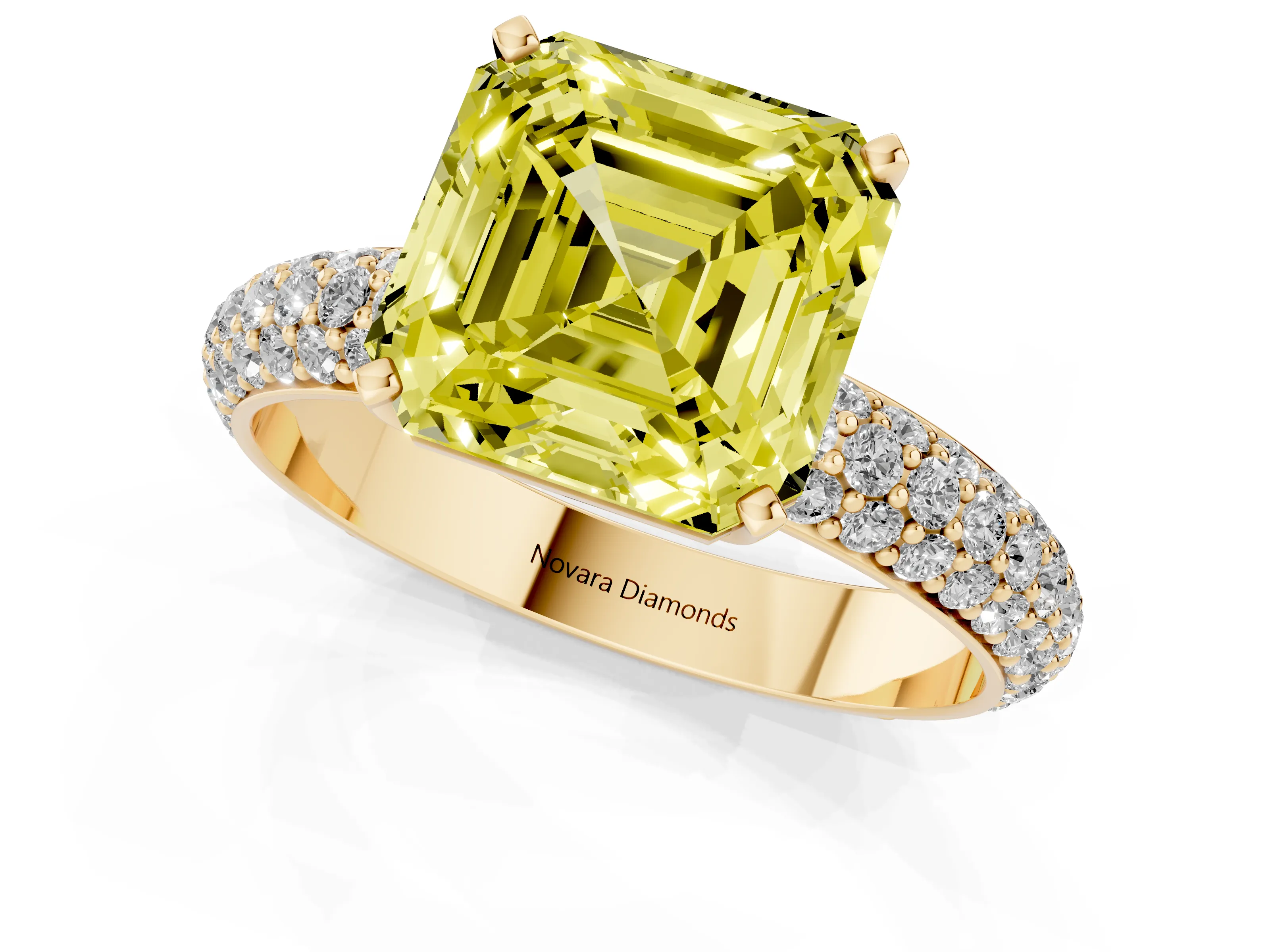 Fancy Yellow Asscher Cut Diamond Solitaire Ring Set in Yellow gold with Prong Setting and Pavé-Set Band